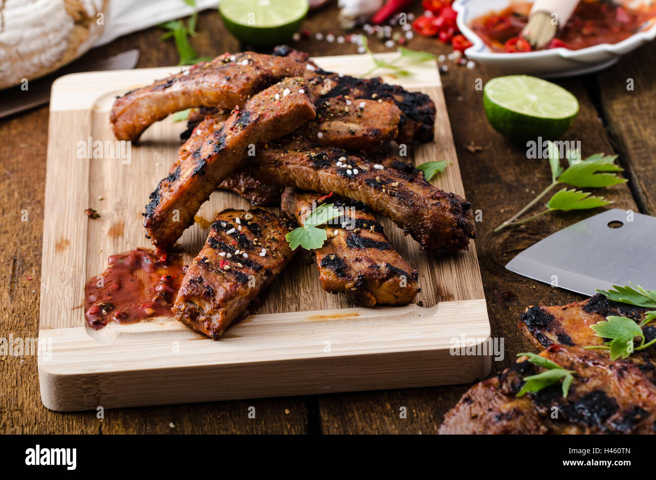 Ribs in spicy marinade with chilli, honey and beer. homemade rustic ...