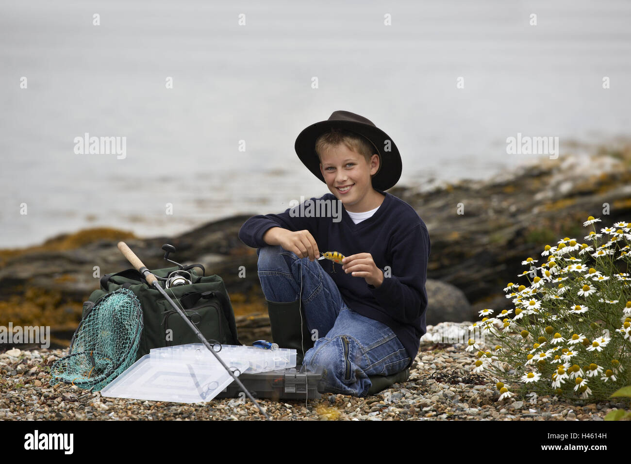Boy, fishing rod, lakesides, Stock Photo