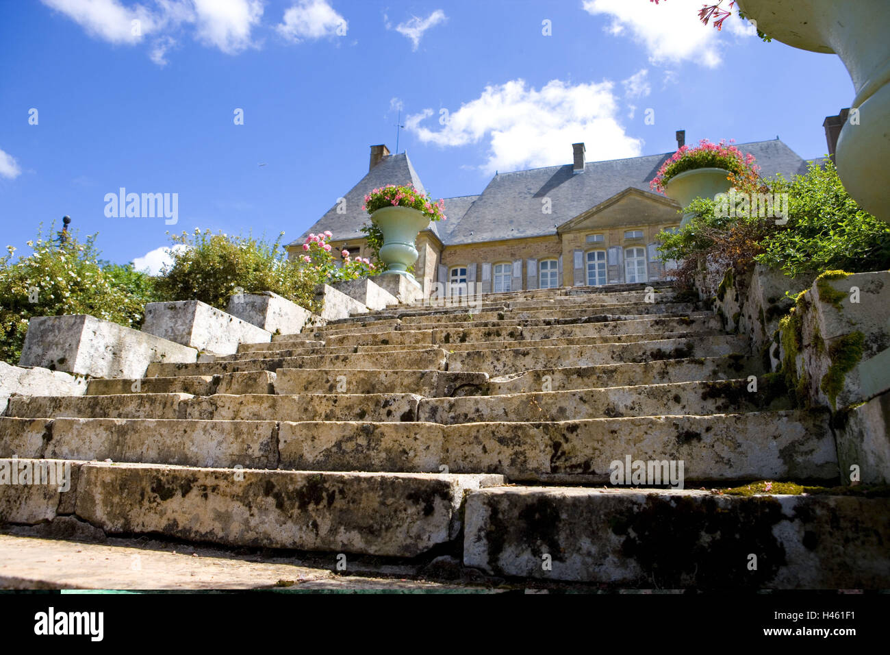 France, Bourgogne, Saone-et-Loire, Charolles, La Clayette, Corbigny, Chateau de Dree, steps, flowers, Stock Photo