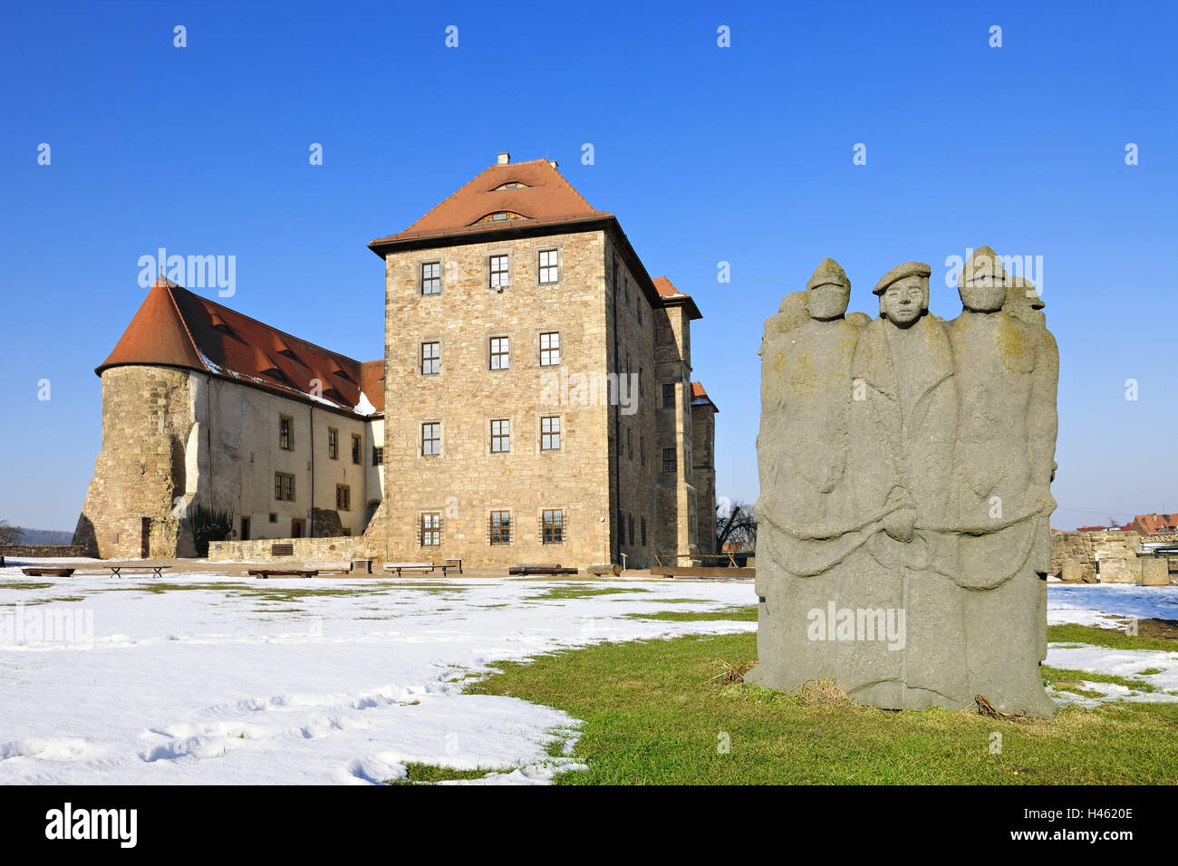 Germany, Thuringia, water castle Heldrungen, Thomas Müntzer monument, Stock Photo