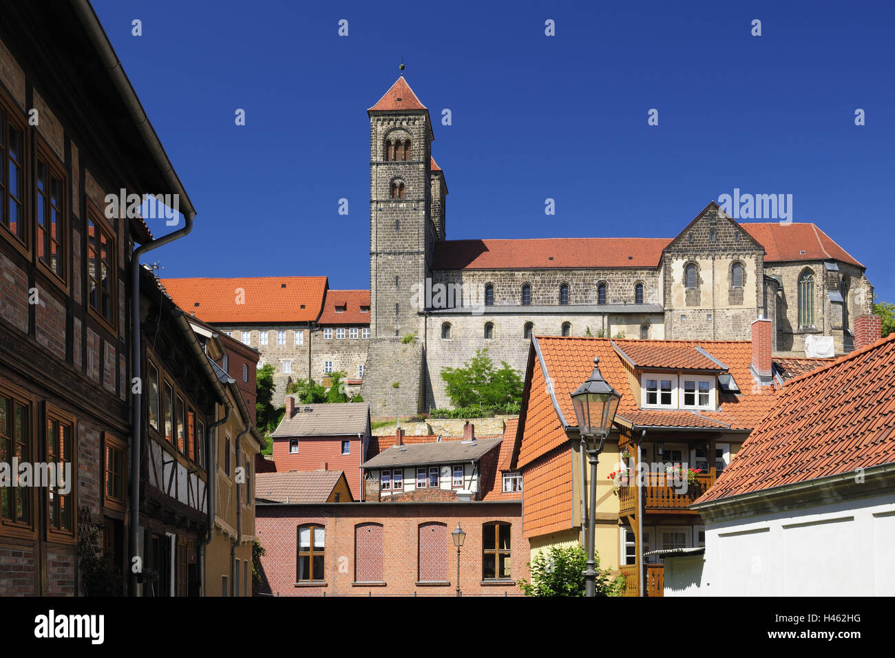 Germany, Saxony-Anhalt, Quedlinburg, view to the castle hill, Stock Photo
