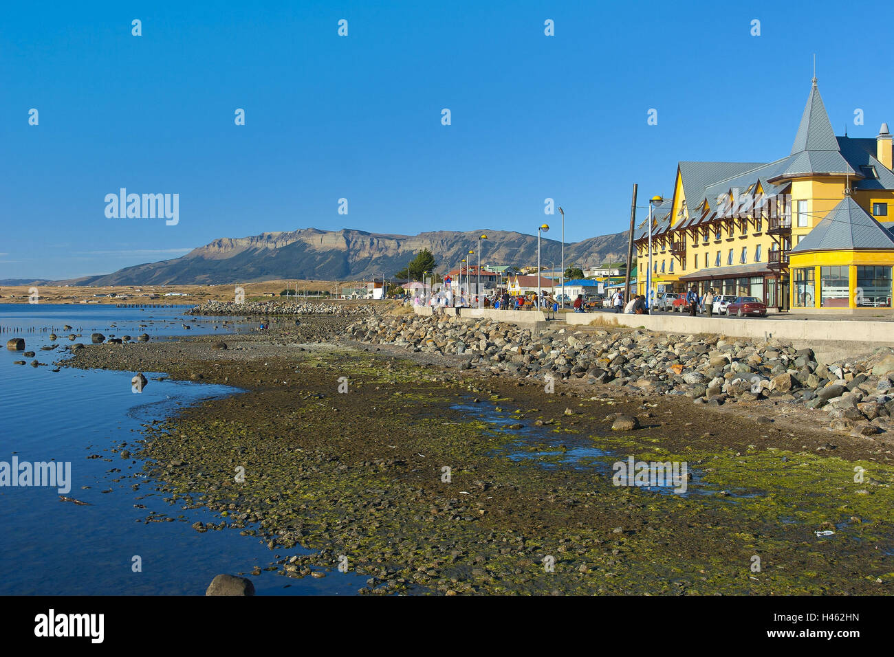 South America, Chile, Patagonia, Puerto Natales, waterside promenade, low tide, Stock Photo