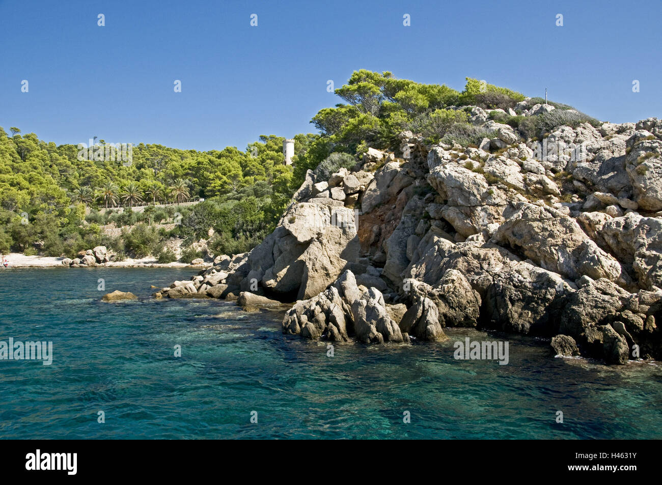 Spain, the Balearic Islands, Majorca, island Dragonera, Cala Lladó, watch-tower, 16. Cent., pines, Stock Photo