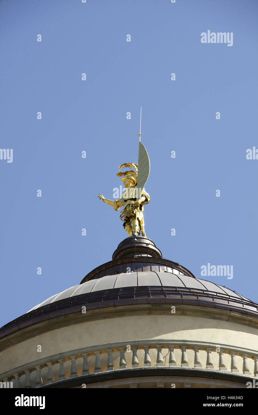 Italy, Lombardy, Bergamo, Città Alta, upper town, cathedral, dome, detail, town, Old Town, building, outside, cathedral dome, figure, golden, flag, Stock Photo