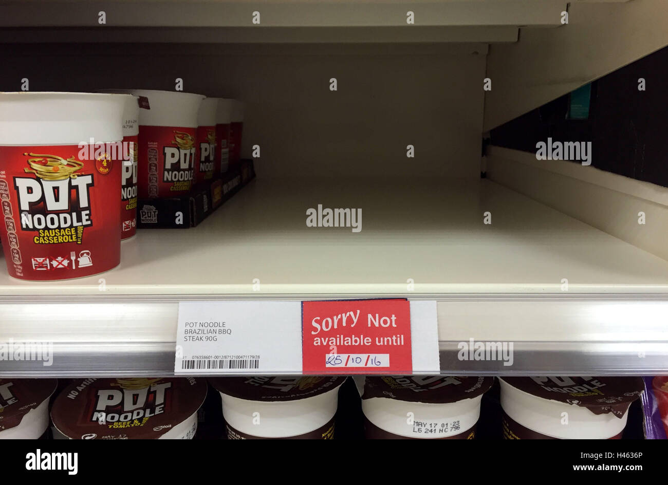 An empty shelf for Unilever's Pot Noodles at a Tesco store in Royston, Hertfordshire, as Unilever's finance chief admitted that the prices of its popular products will rise as a result of the collapse in sterling, a day after the firm was accused of 'exploiting consumers' following a row with Tesco. Stock Photo