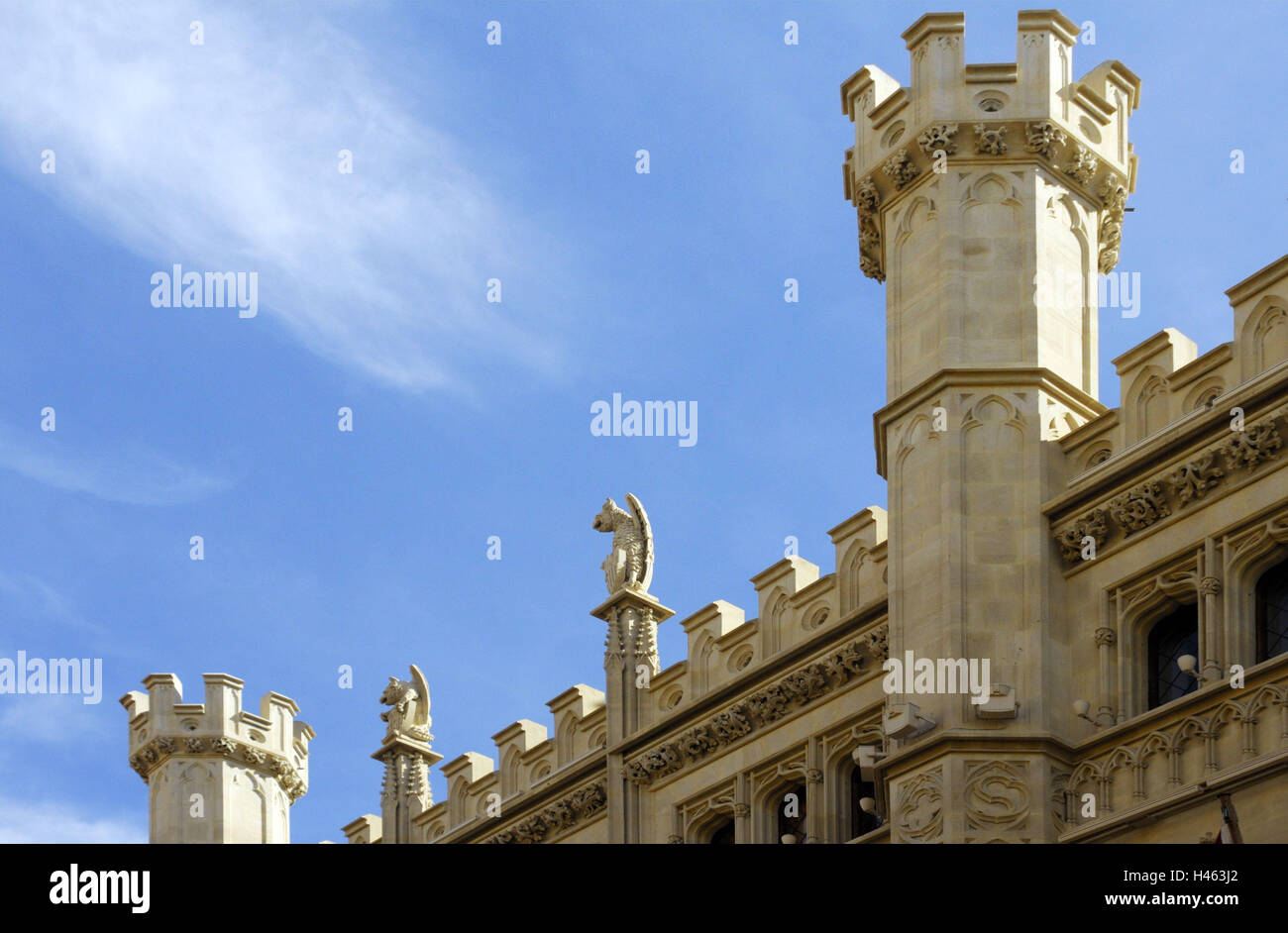 Spain, the Balearic Islands, Majorca, plaza de Cort, city hall, building, outside, pillars, roof, window, heaven, blue, Stock Photo