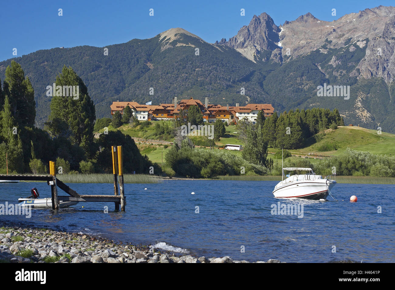 Argentina, Patagonia, Bariloche, Puerto Pañuelo, harbour, motorboat, background, five-star hotel Llao Llao, Stock Photo