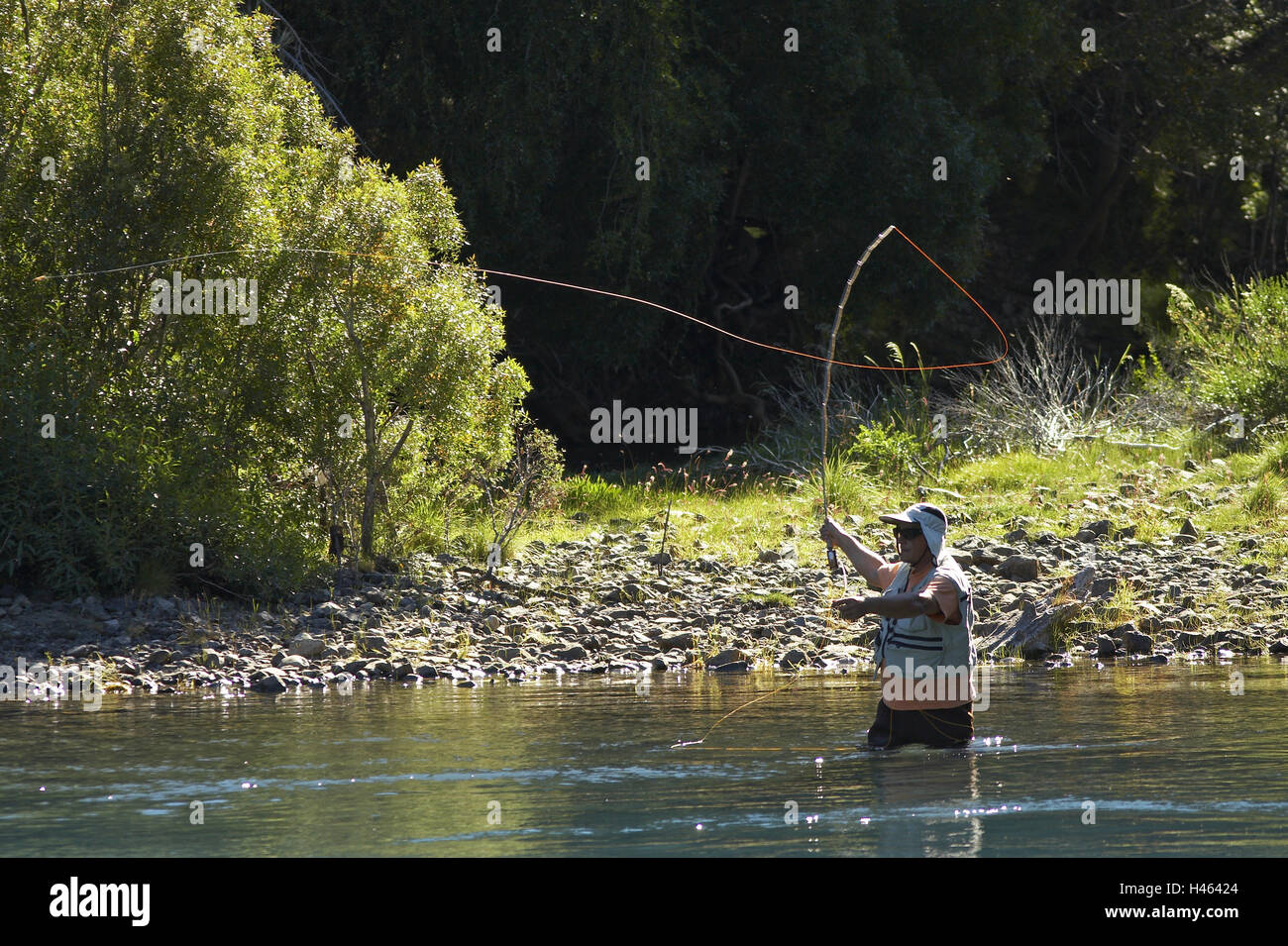 River, fisherman, aviation fishing, gesture, fishing rod, Stock Photo