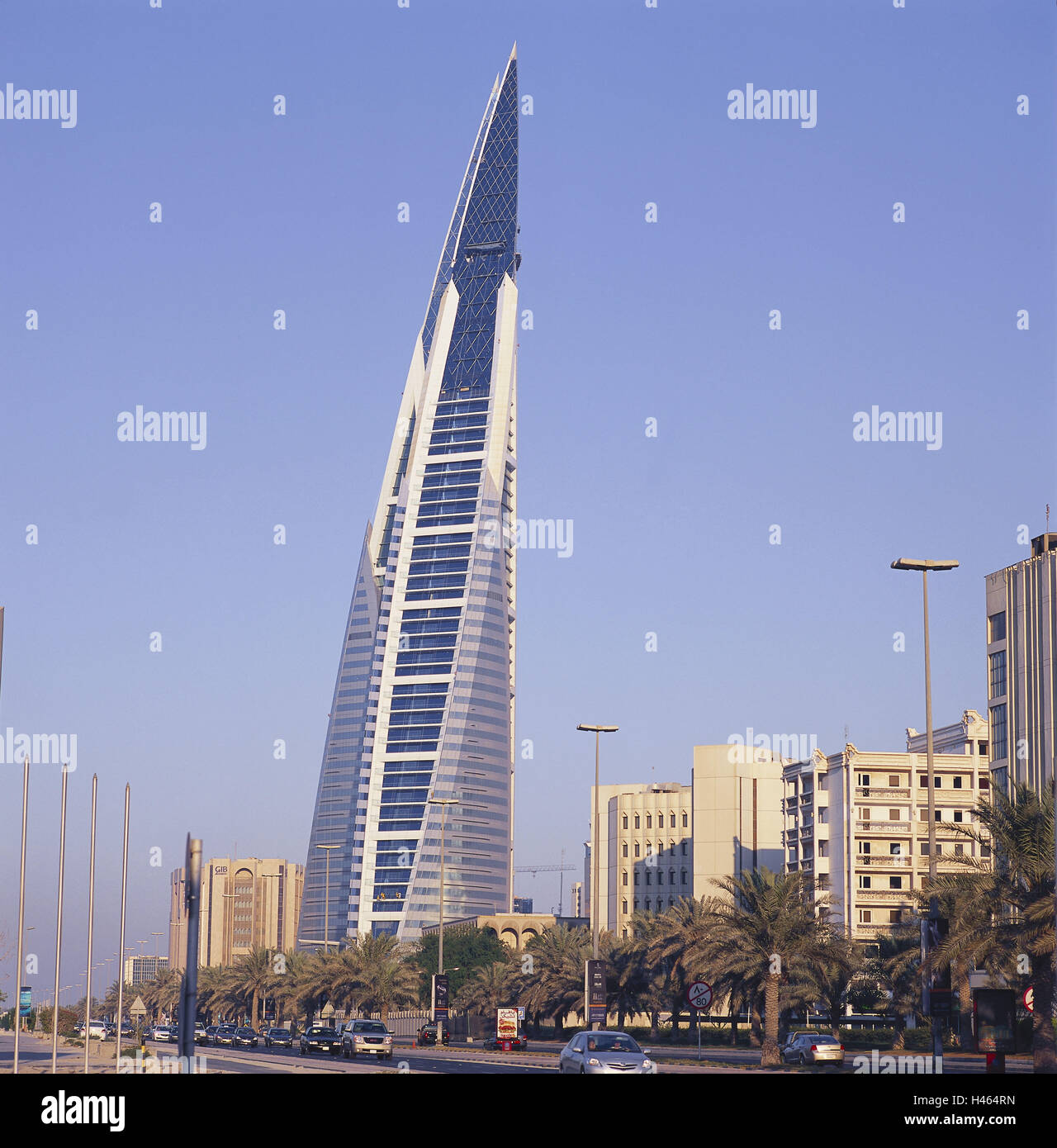 Bahrain, island Manamah, Manama, World Trade centre, island state, sheikdom, destination, town, capital, building, structure, architecture, business premises, skyscraper, facade, glass front, architecture, heaven, cloudless, towers, street, traffic, cars, palms, Stock Photo