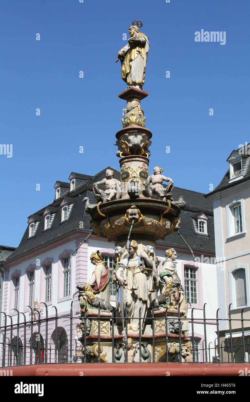 Germany, Rhineland-Palatinate, Trier, Peter's well, detail, town, place of interest, central market, figures, four cardinal virtues, wells, fountains, water, pillar, well pillar, statues, culture, art, Stock Photo