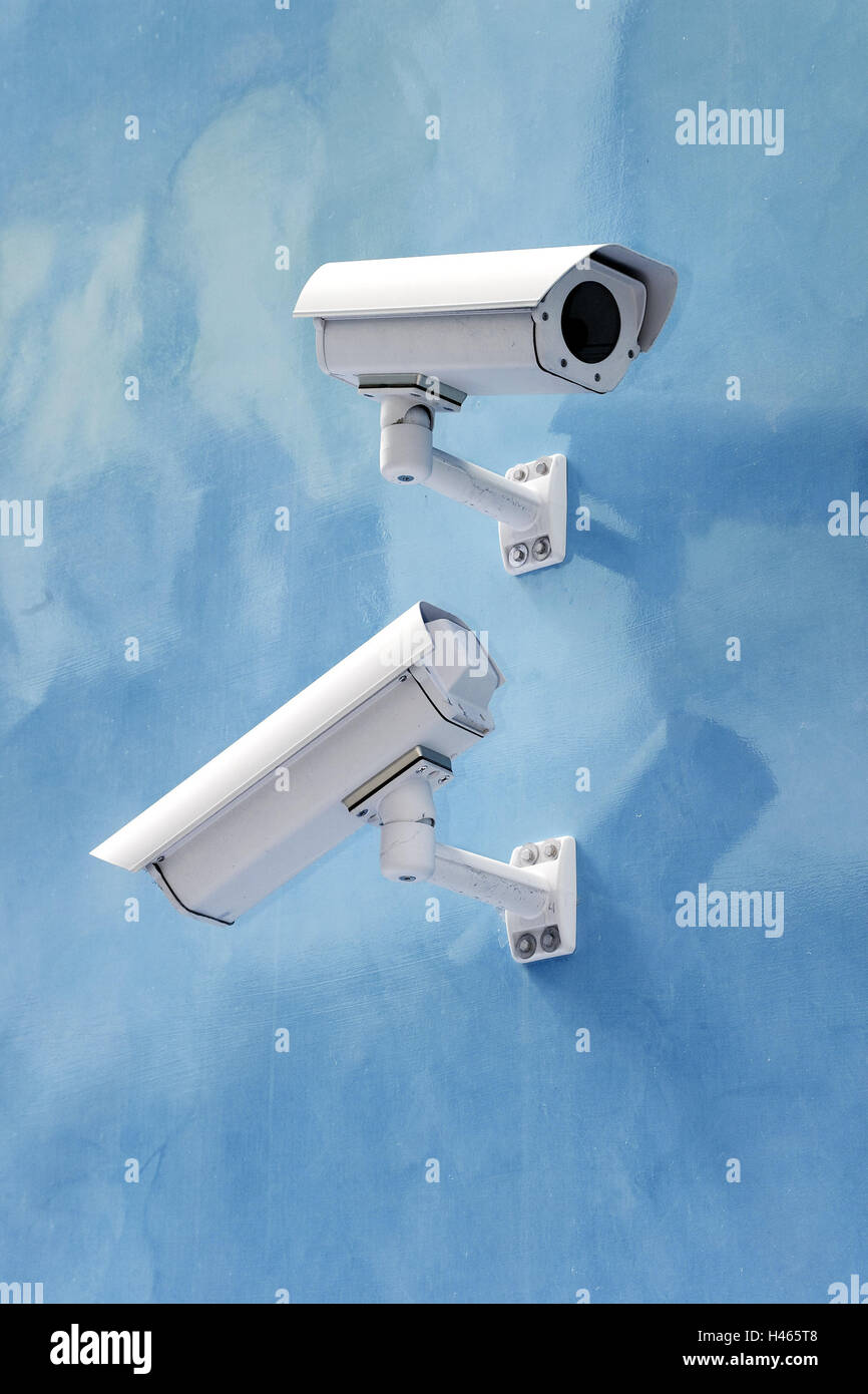 Wall, detail, monitoring cameras, cameras, monitor, range, two, monitoring, control, check, videomonitoring, constitutional state, of a state under the rule law, fear, anxiously, crimes, fight against crime, deterrence, privacy, blue, Stock Photo