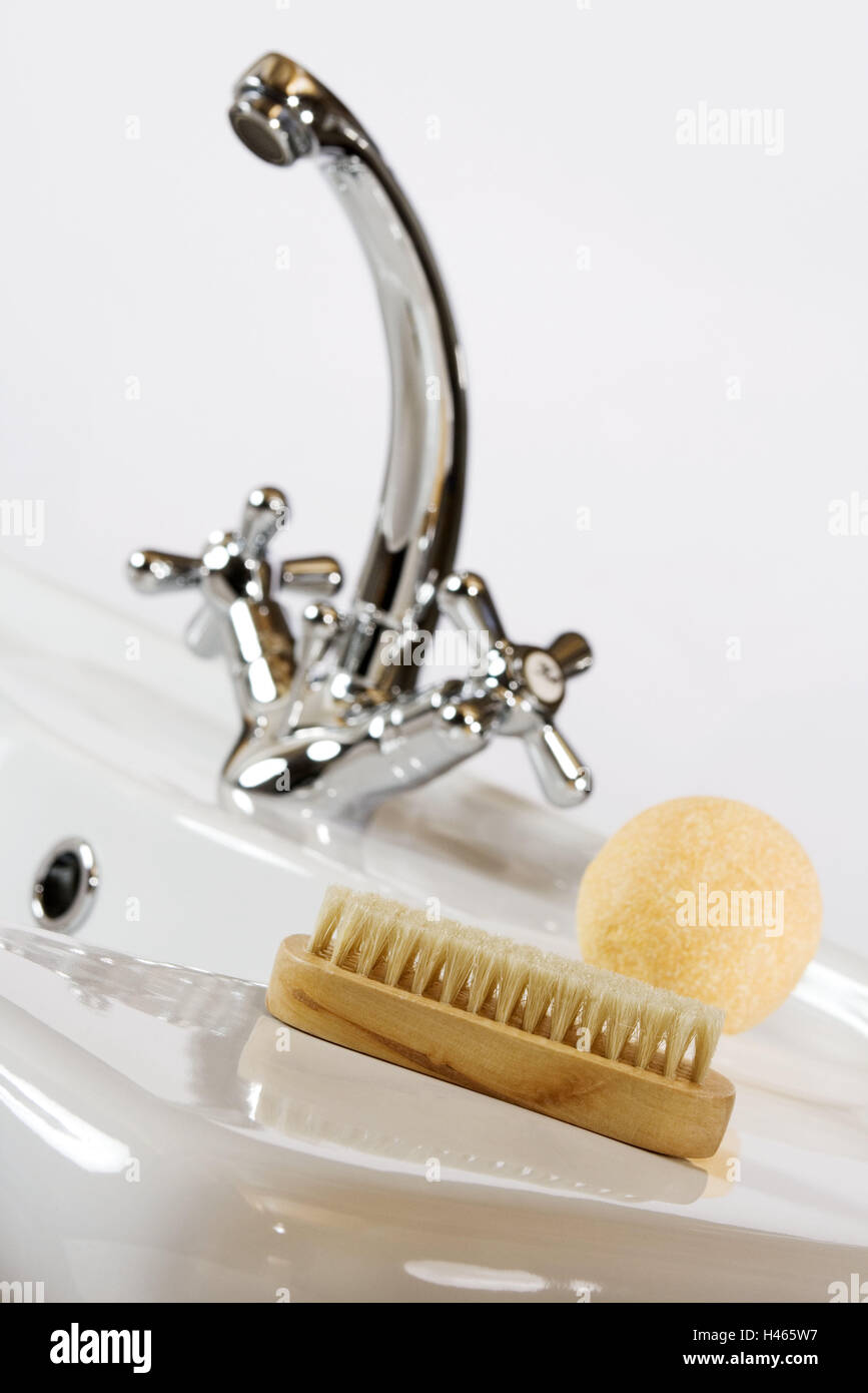 Bath, sink, nailbrush, soap, bathroom, hand sink, bath armatures, armature, tap, soap sphere, Beauty, personal care, beauty care, care, hand care, hygiene, body hygiene, cosmetics article, cosmetics, wooden brush, nature bristles, hygiene articles, cleanliness, cleanness, clean, nobody, inside, Stock Photo