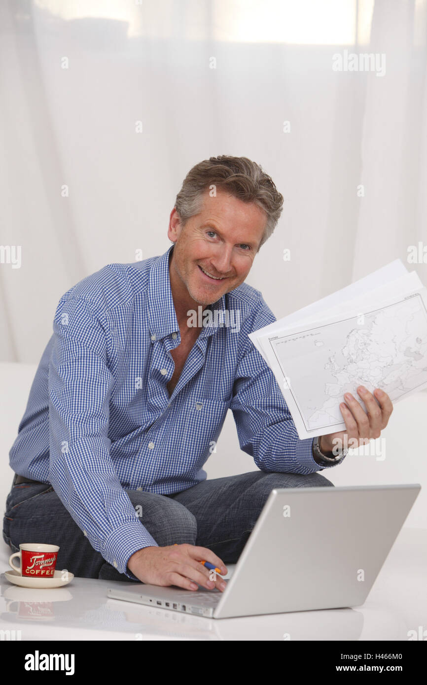 Man, 50 +, computer, work, flat, Stock Photo