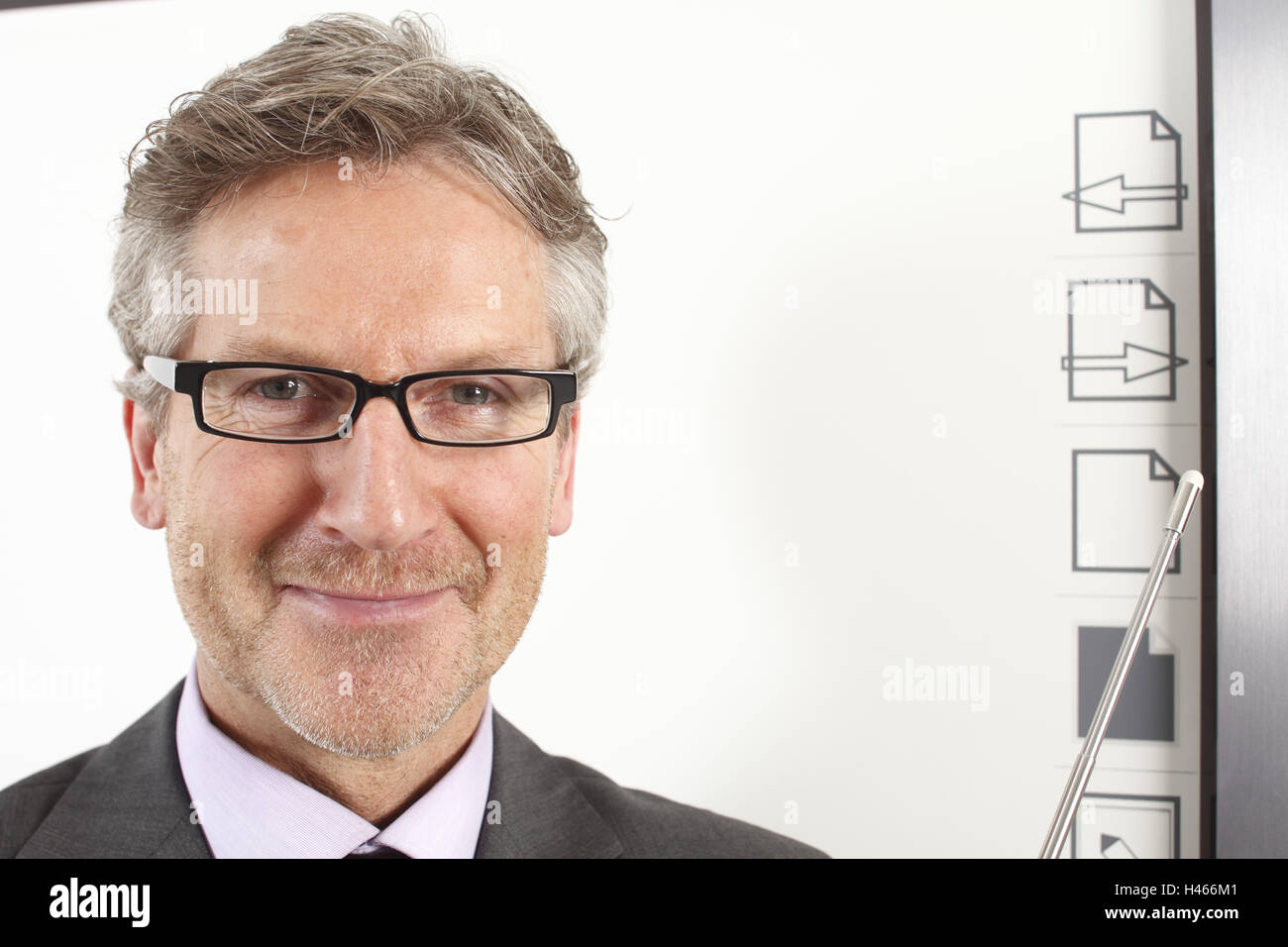 Man, 50 +, manager, glasses, Zeigestab, Whiteboard, portrait, Stock Photo