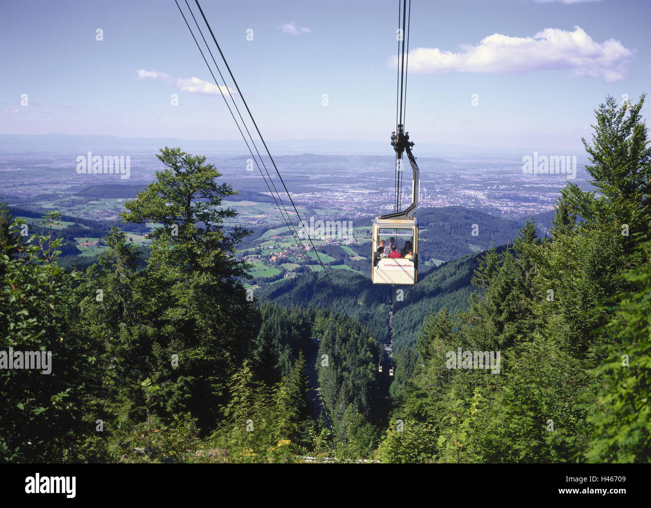 Germany, Baden-Wurttemberg, Schauinsland, cable car, view, Freiburg, Black Forest, south Black Forest, Breisgau, scenery, mountain, wood, mountain railway, gondolas, tourists, tourism, person, promotion, transport, personal transport, width, distance, Stock Photo