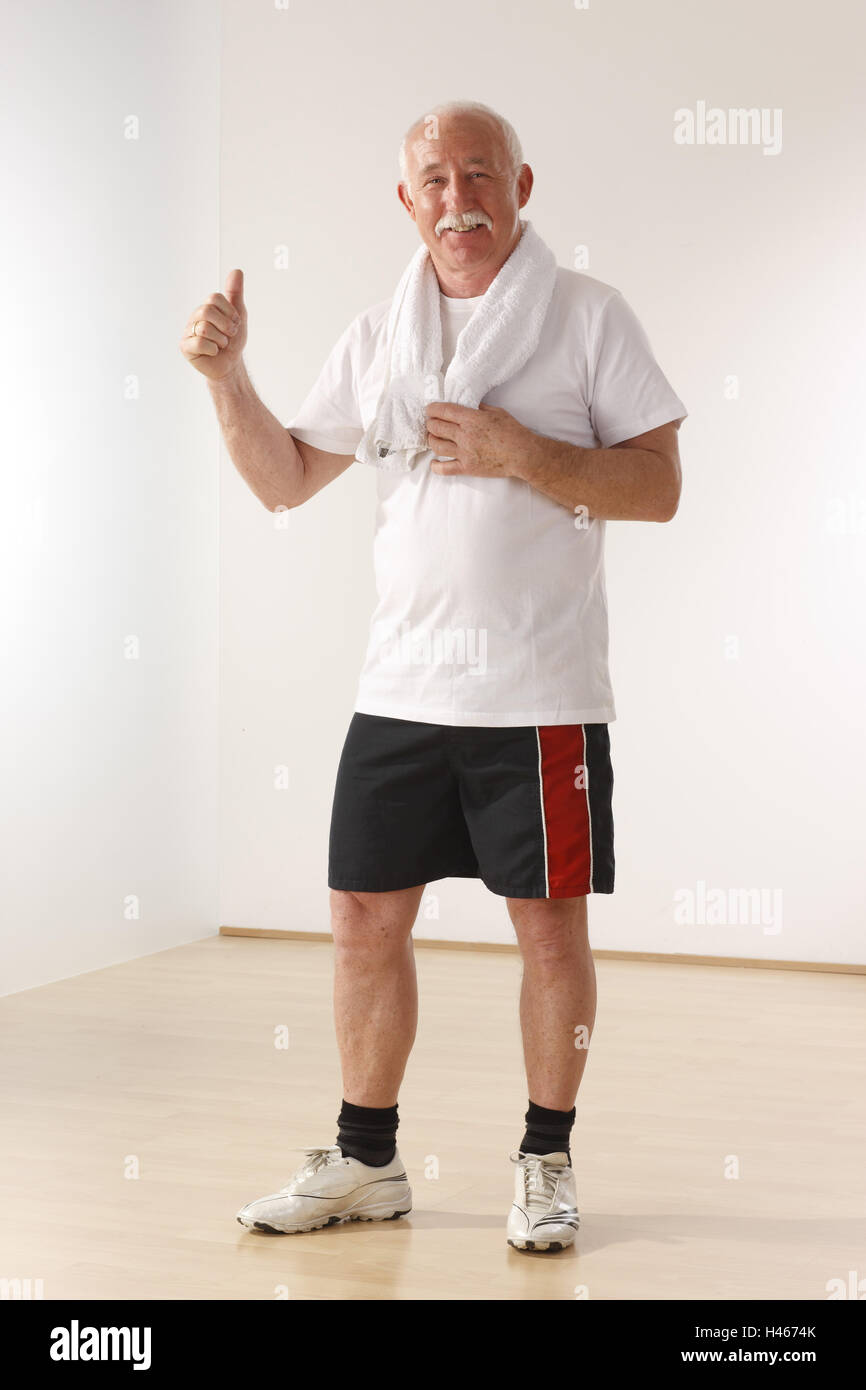 Boss, sport, fitness, break, smile, gesture, 'pollex high' Stock Photo