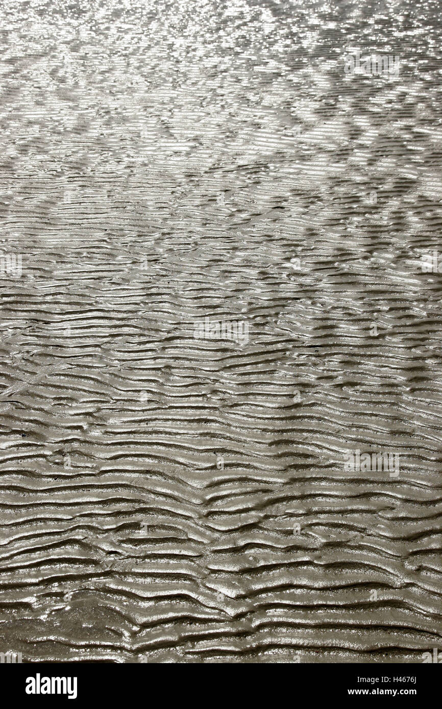 Tides, low tide, watt, Germany, Hamburg, the Elbe, water, river, Elbufer,  nature, sample, wavy lines, Rippelmarken, Sand, shore, beach, Elbstrand,  nobody, back light, wet, damp, light, sample, structure, wave-shaped, wave  sample, glitter