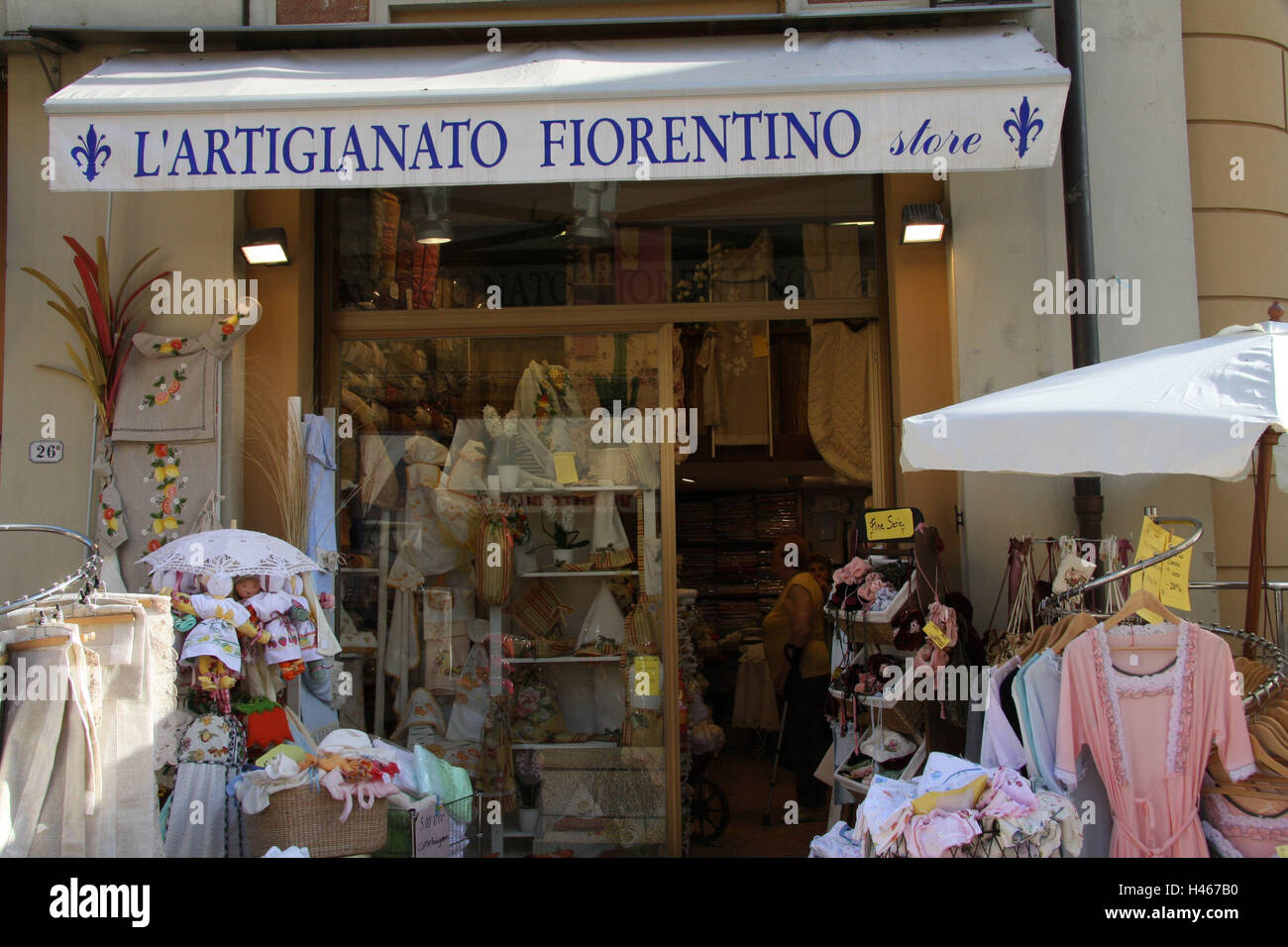 Italy, Tuscany, Montecatini Terme, business, clothes, textiles, on the  regional level, town, destination, health resort, tourism, sales, loading,  textile business, product, typically, ceilings, table caps, souvenirs,  dolls, shop-windows, input Stock ...