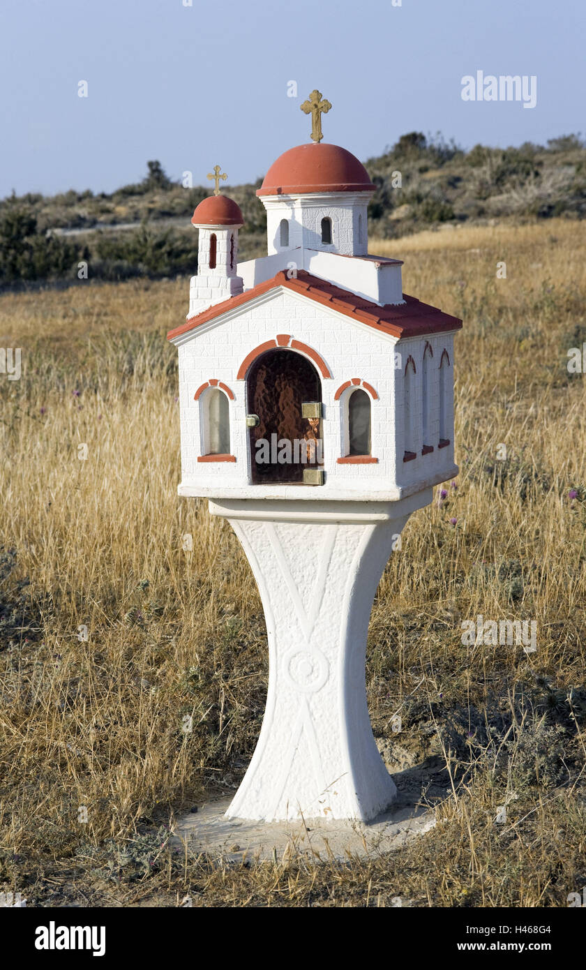 Cyprus, roadside memorial, miniature church, faith, religion, Christianity, church, chapel, small, Southern Cyprus, Greek Orthodox, typical, field, grass, outside, deserted, Stock Photo