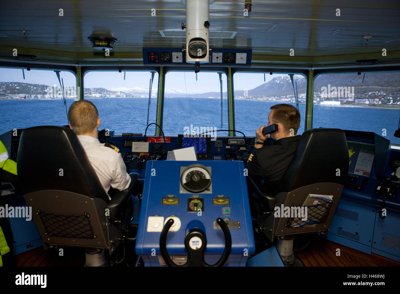 Norway, swift rods, 'MS Kong Harald', bridge, captain, Stock Photo