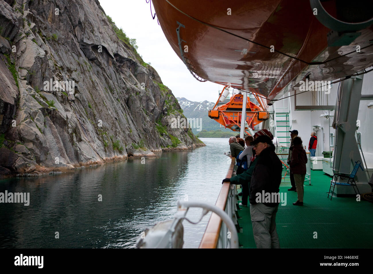 Norway, northern country, troll fjord, swift rods, 'MS Kong Harald', gunwale, passengers, Stock Photo