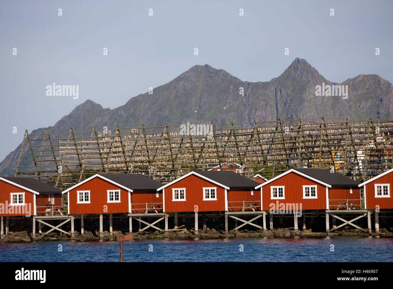 Norway, northern country, Vagan, Svolvaer, tourist accommodation, huts, Rorbuer, Stock Photo