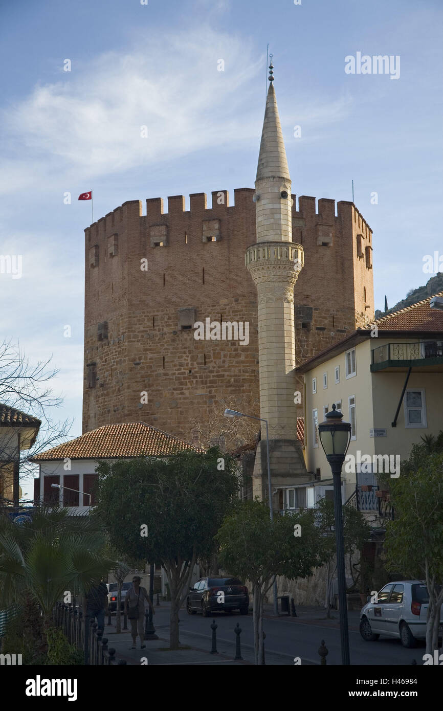 Turkey, province of Antalya, Alanya, minaret, red tower, town, harbour, tower, building, brick, brick building manner, architecture, museum, flag, place of interest, tourism, tourists, person, street, street lamp, Stock Photo