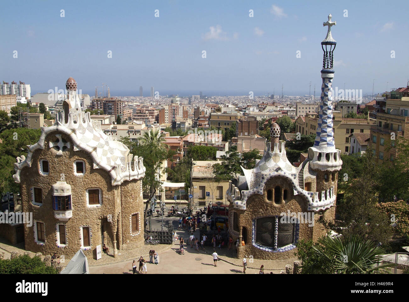 Spain, Catalonia, Barcelona, Carrer D Æ Olot, Parc Güell, main entrance