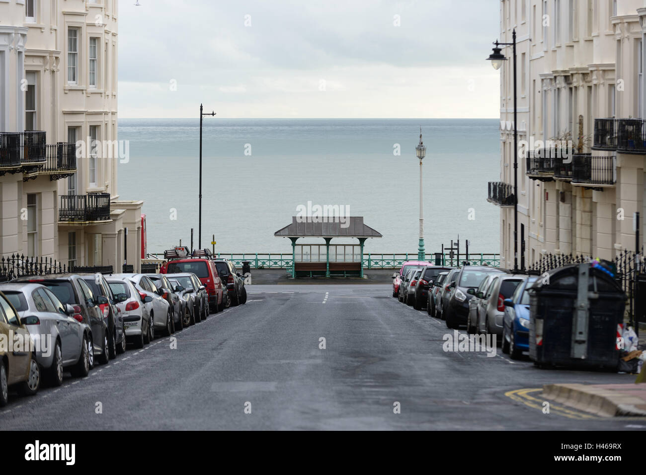 Flats and Houses on street leading to seafront, Brighton, UK