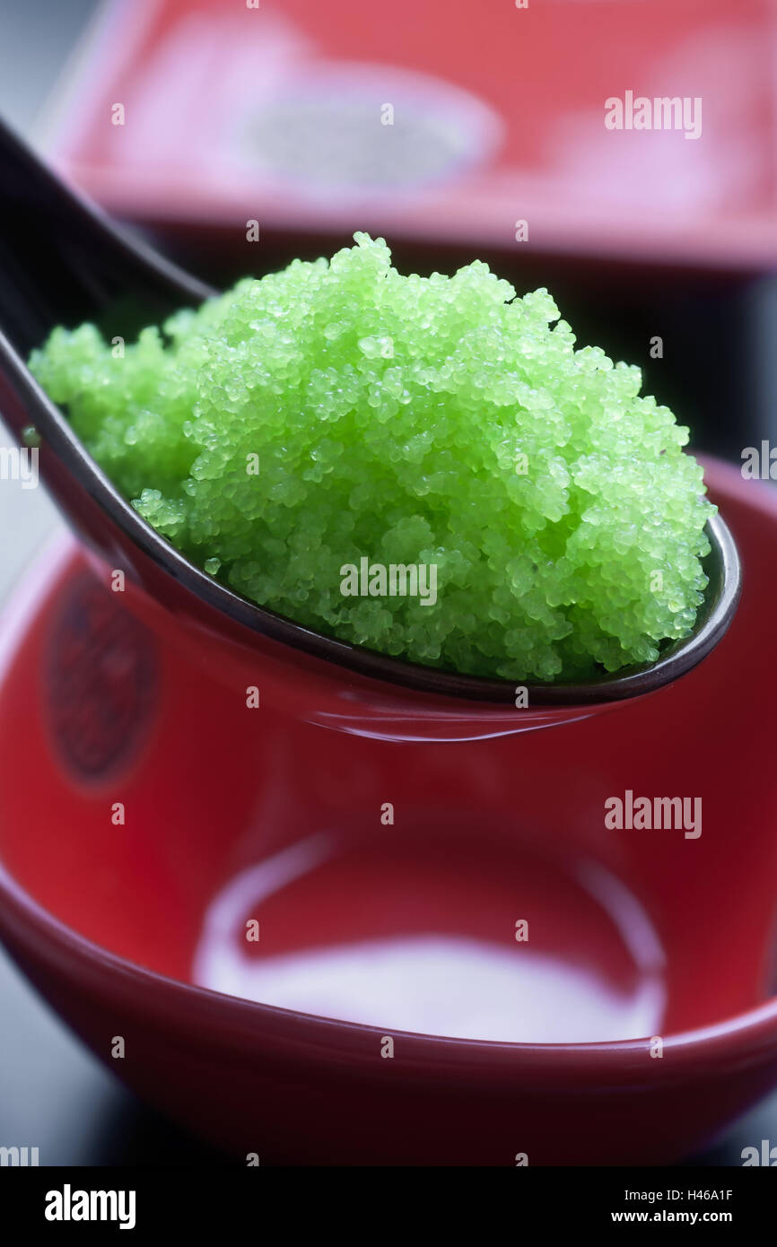 Fish eggs, spoons, scarfs, fish eggs, roes, green, in Japanese, Asian,  dishes, dished plate, red Stock Photo - Alamy