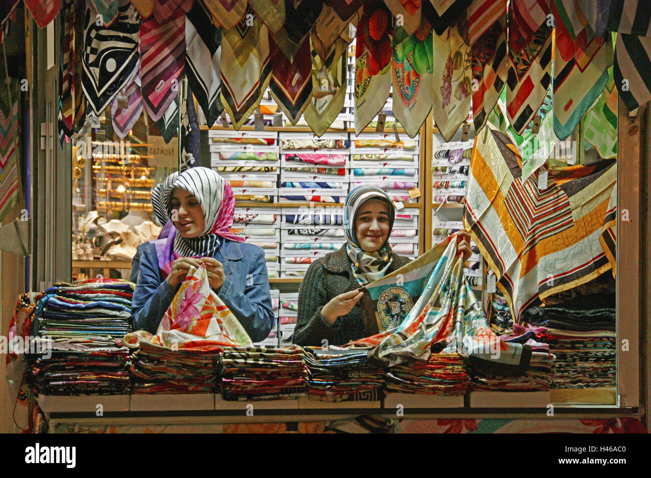 Women, two, cloths, sell, people, shop assistants, substance cloths, brightly, sales, Turkey, Bursa, bazaar, headscarfs, tradition, bazaar, shopping, shopping, Stock Photo