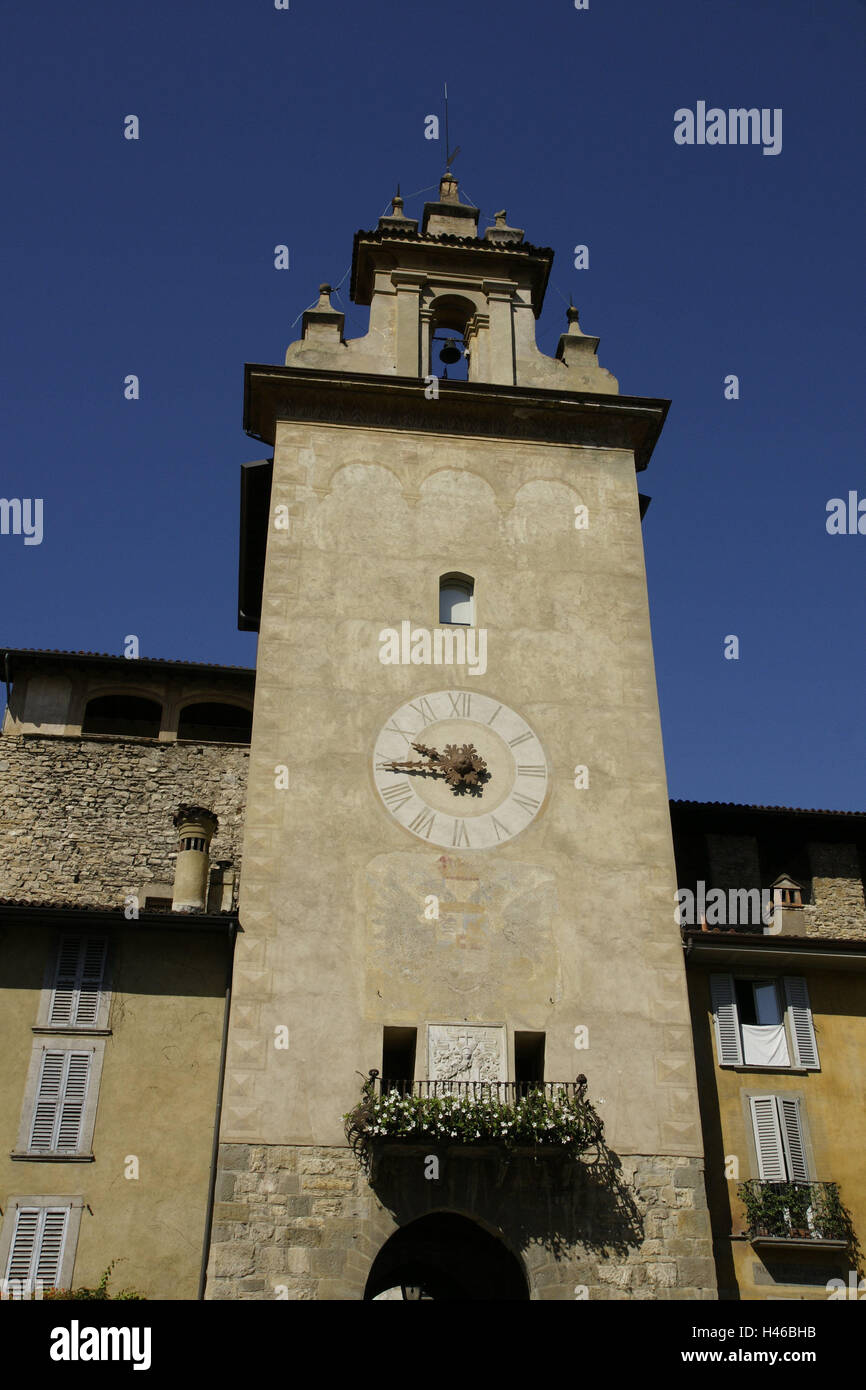 Italy, Lombardy, Bergamo, Città Alta, upper town, steeple, town, townscape, historically, Old Town, building, church, outside, facade, tower, bell tower, clock, church clock, bell, Stock Photo