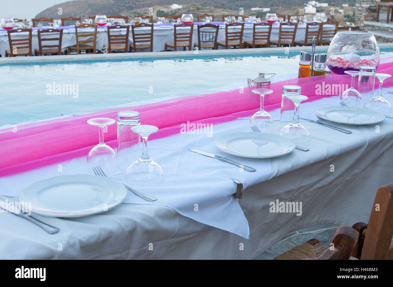 Covered notice board, swimming pool, island Sifnos, the Cyclades, Greece, Stock Photo