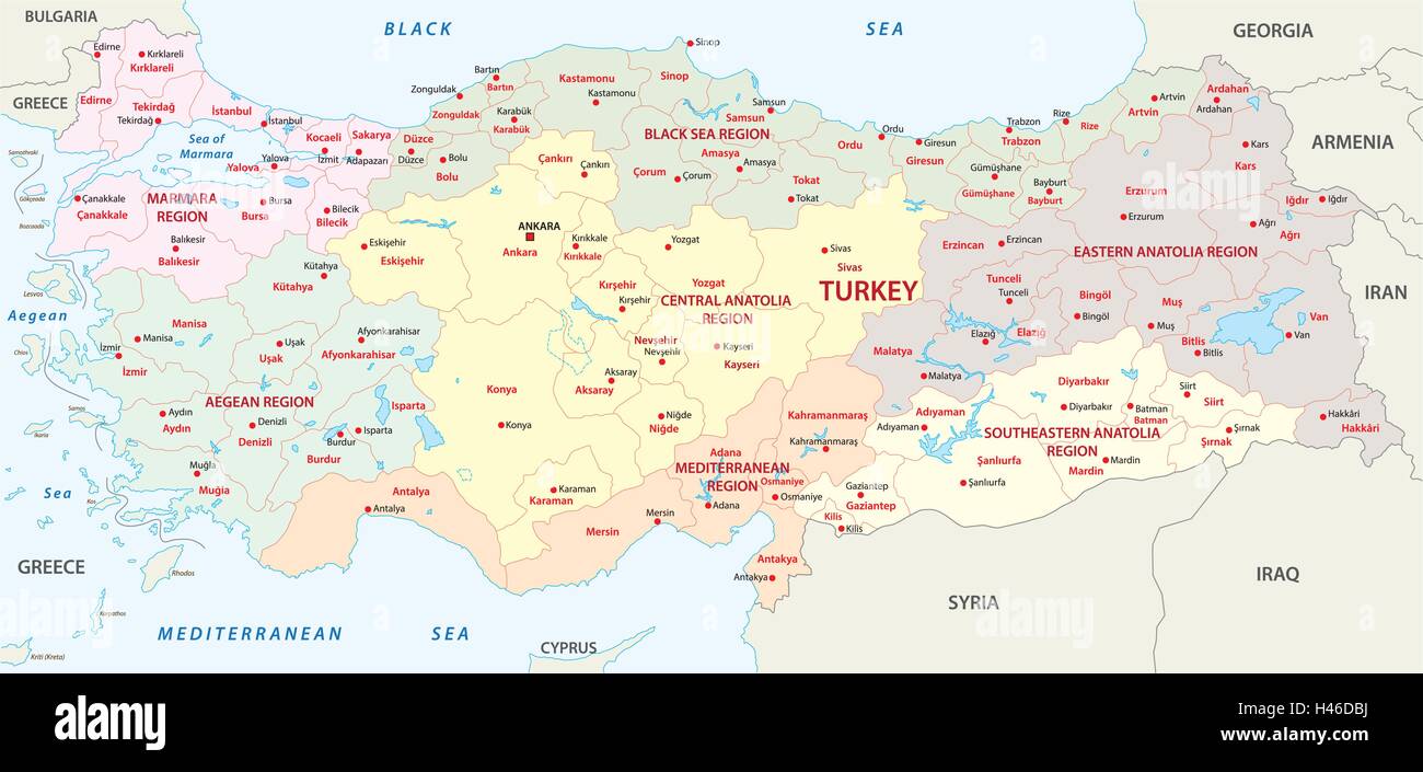 turkey regions map Stock Vector