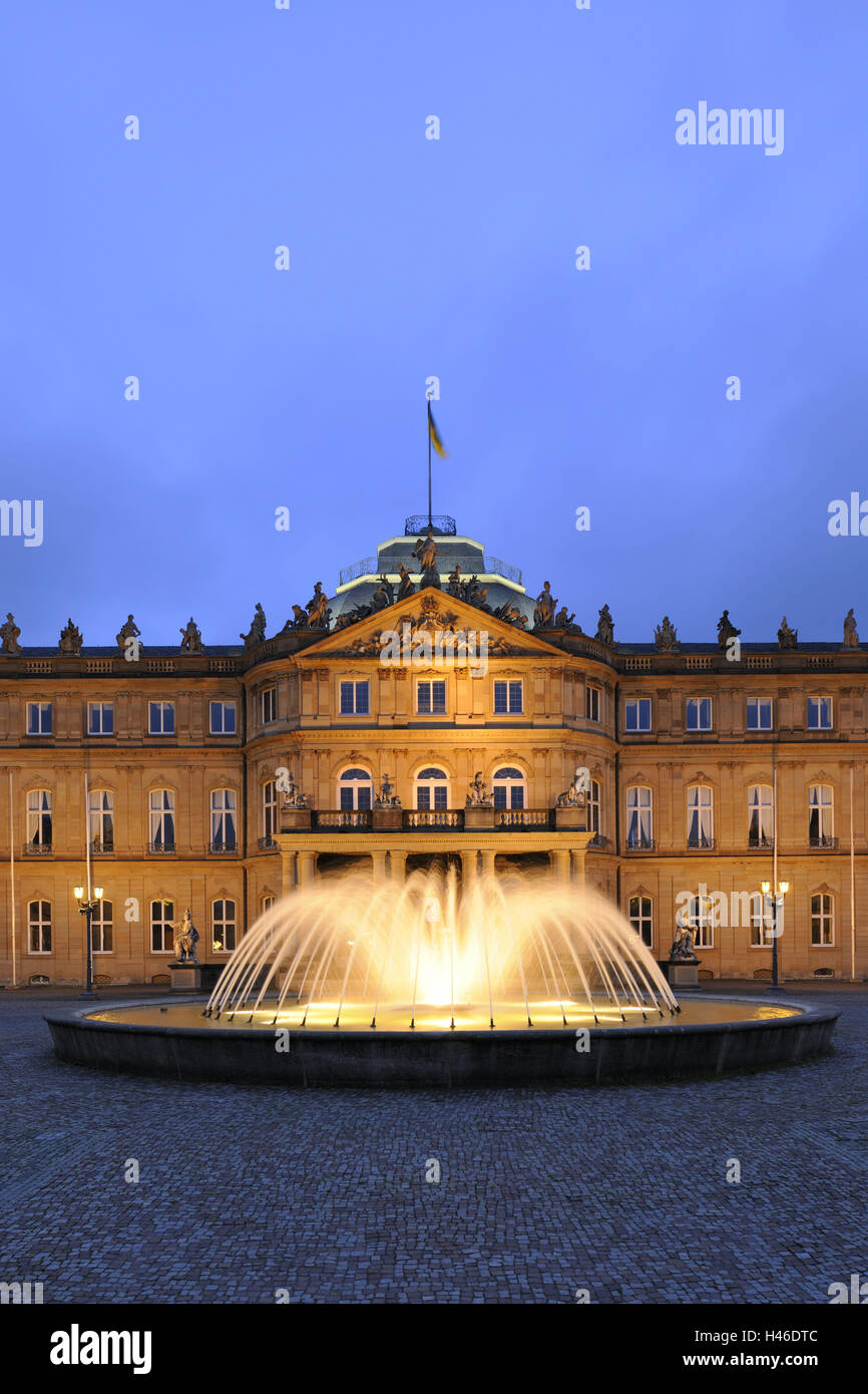 Germany, Baden-Wurttemberg, Stuttgart, new castle, fountain, dusk, lighting, architecture, well, culture, castle square, play water, place of interest, tourism, structure, Pureline, castle building, building, cobblestones, forecourt, destination, water je Stock Photo
