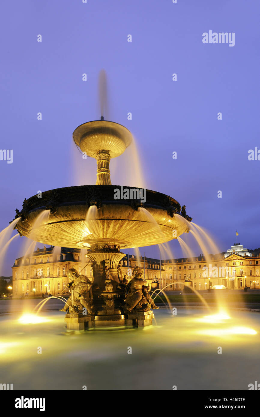 Germany, Baden-Wurttemberg, Stuttgart, new castle, fountain, dusk, lighting, Stock Photo