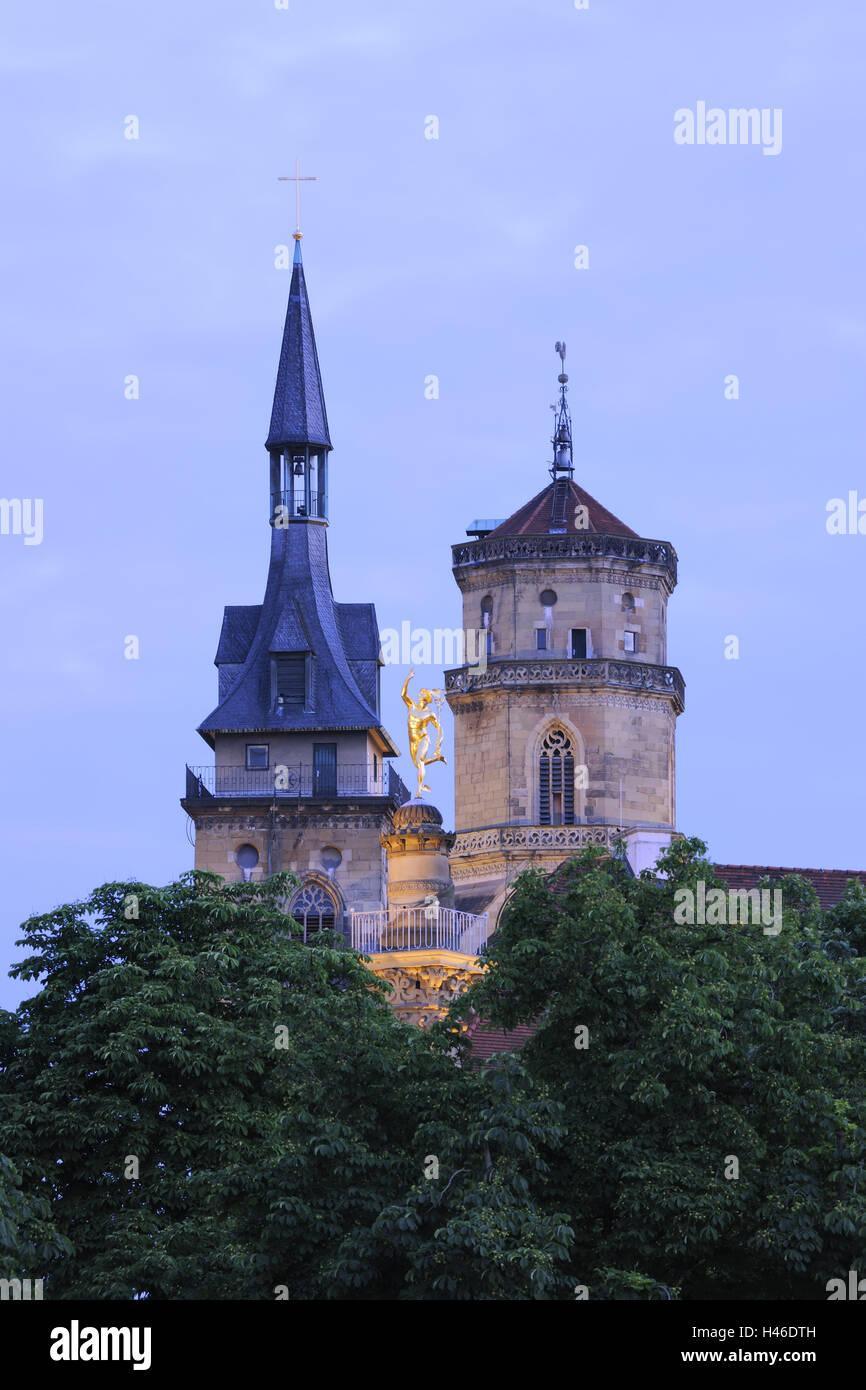 Germany, Baden-Wurttemberg, Stuttgart, collegiate church, outside, castle square, architecture, construction, structures, buildings, steeples, place of interest, landmark, outside, city, church, steeple, town, towers, structure, church, religion, centre, Stock Photo