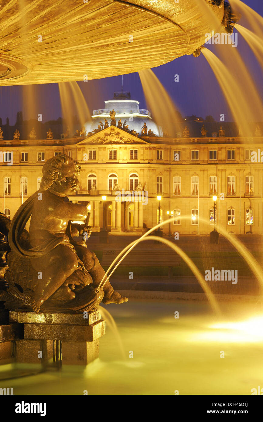 Germany, Baden-Wurttemberg, Stuttgart, new castle, fountain, dusk, lighting, Stock Photo