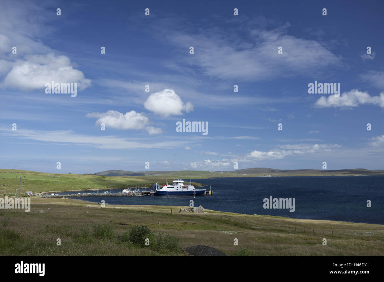 Shetland islands, ferry between island Yell and Main country, harbour Toft and harbour Ulsta, Stock Photo