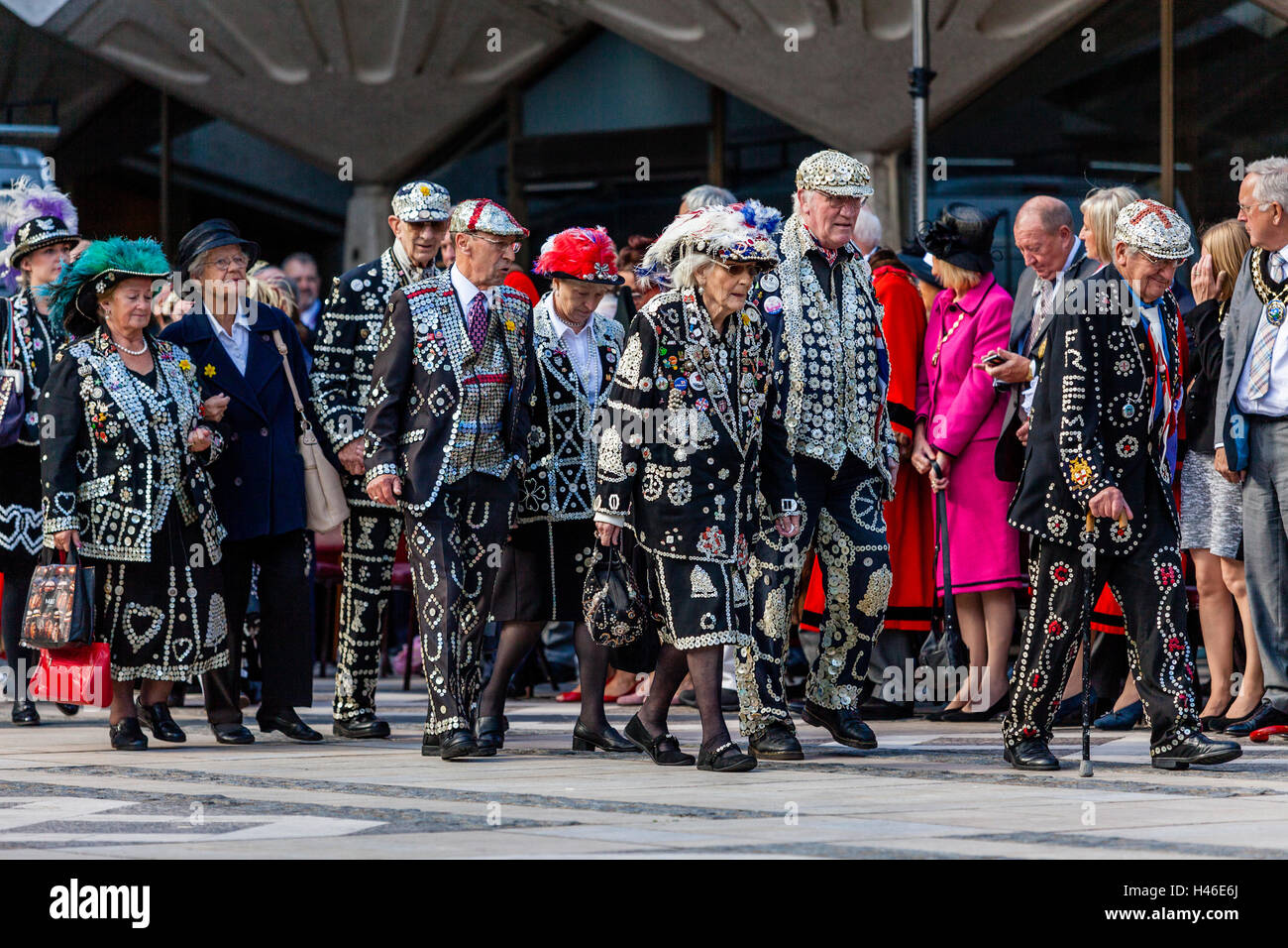 Pearly Kings and Queens Parade Around The Guildhall Yard During The Annual Pearly Kings and Queens' Harvest Festival, London, UK Stock Photo