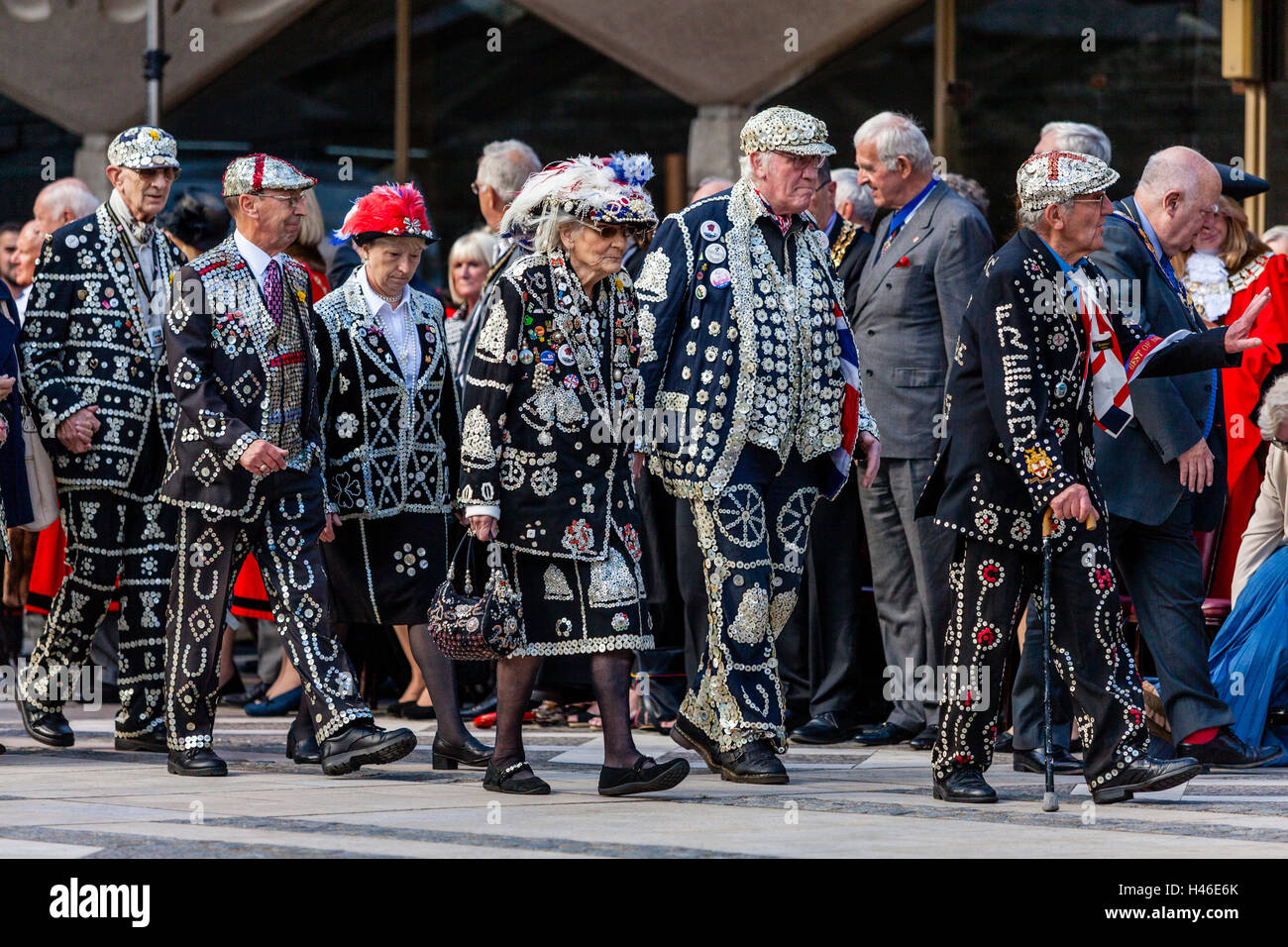 Pearly Kings and Queens Parade Around The Guildhall Yard During The Annual Pearly Kings and Queens' Harvest Festival, London, UK Stock Photo