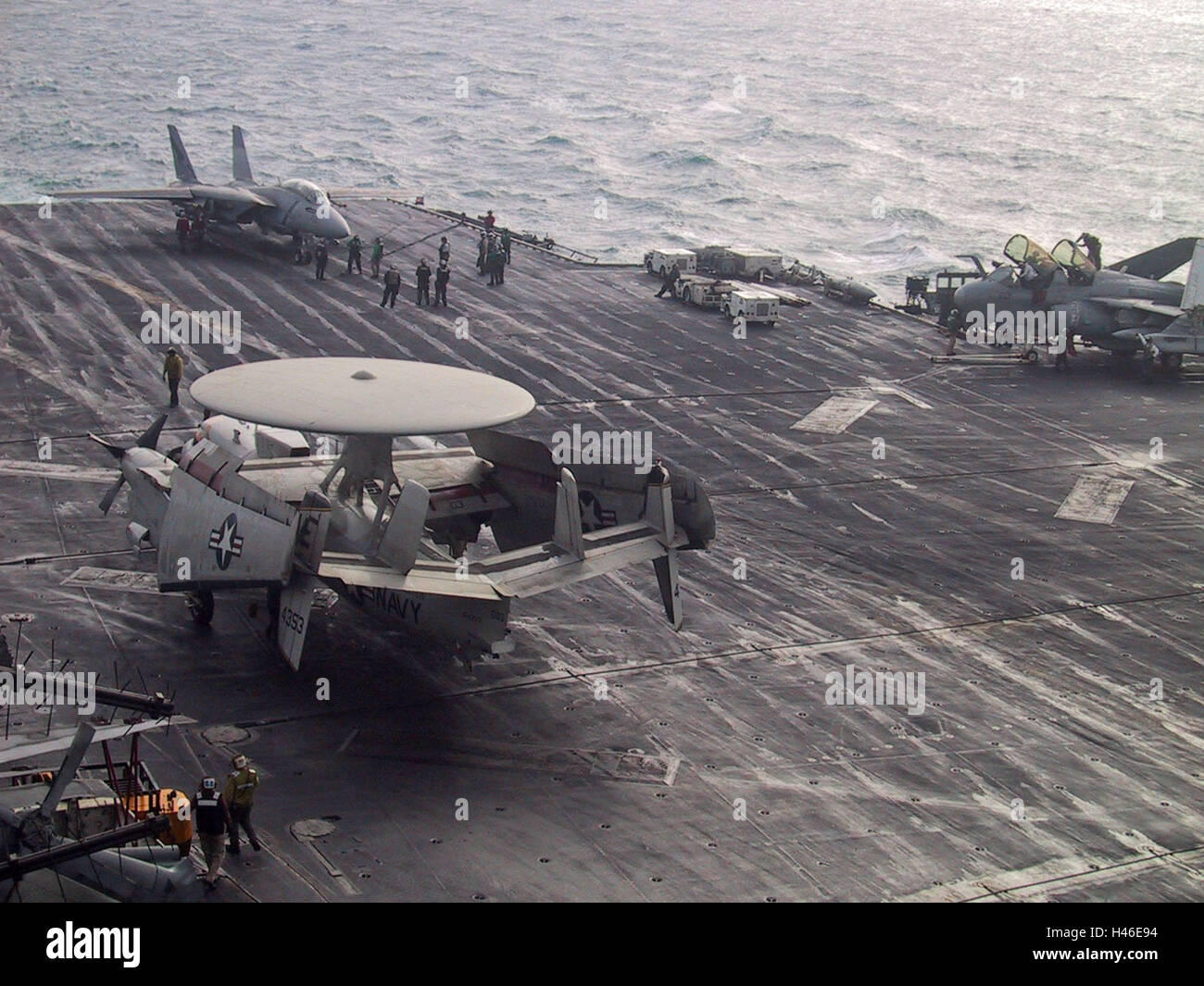 4th February 2003 During Operation Enduring Freedom: a damaged aircraft on the USS Constellation, on patrol in the Persian Gulf. Stock Photo