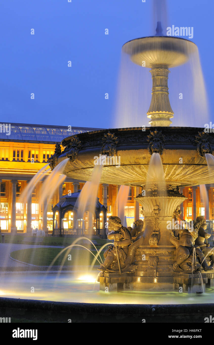 Germany, Baden-Wurttemberg, Stuttgart, castle square, fountain, well, culture, castle square, play of water, architecture, place of interest, tourism, structure, Pureline, destination, water jets, king's construction, lighting, Stock Photo