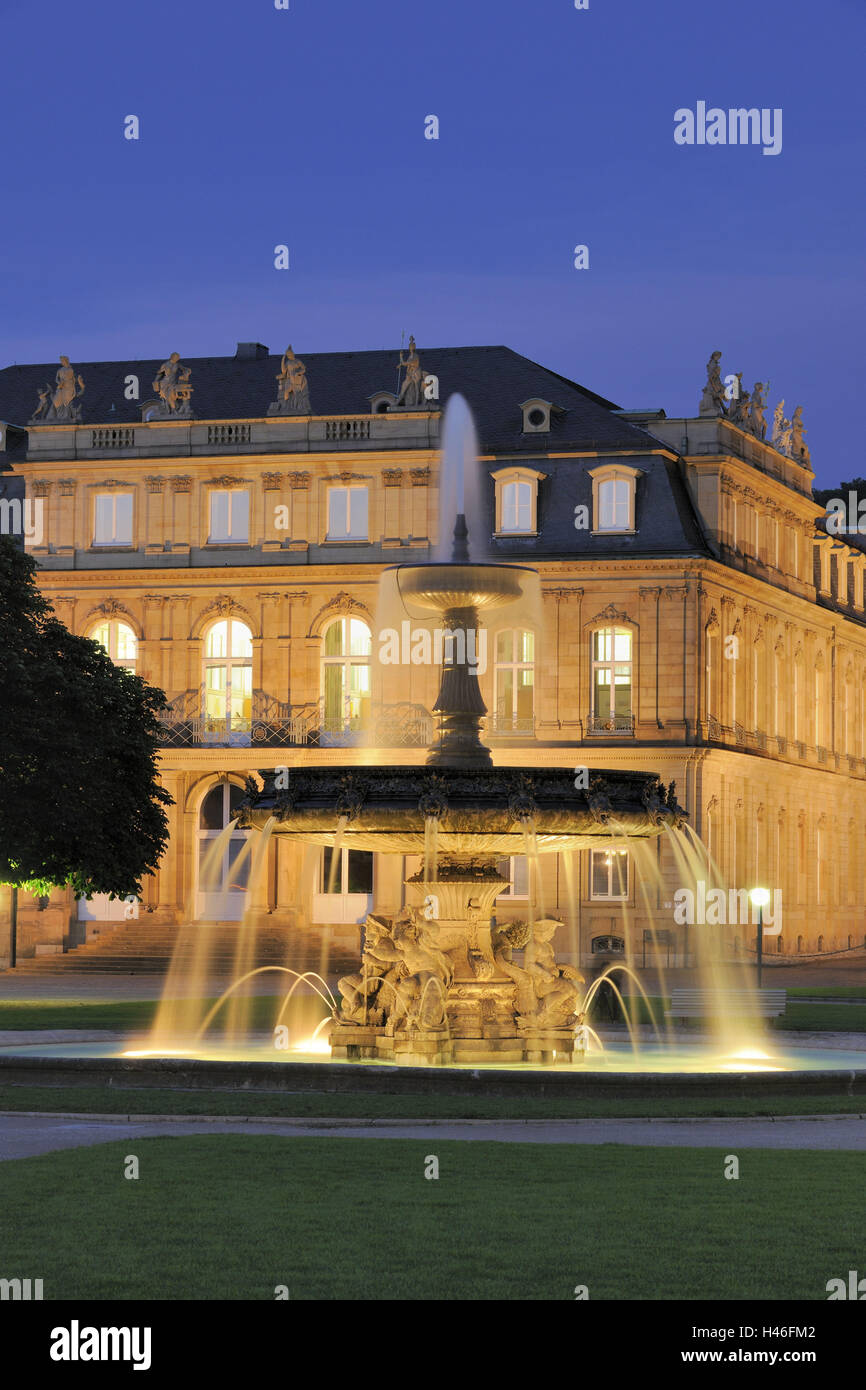 Germany, Baden-Wurttemberg, Stuttgart, new castle, fountain, lighting, dusk, architecture, well, culture, castle square, play of water, place of interest, tourism, structure, Pureline, castlebuilding, building, forecourt, destination, nobody, castle, even Stock Photo