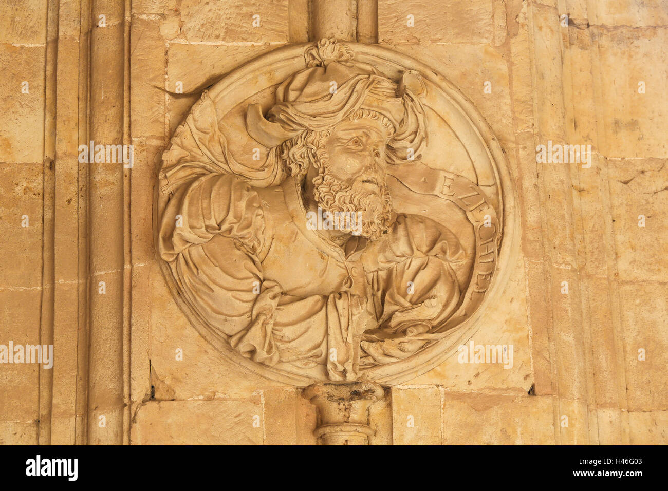 Bas relief of the Prophet Ezekiel in the Cloister of the Convento de San Esteban, a Dominican monastery in Salamanca, Spain. Stock Photo