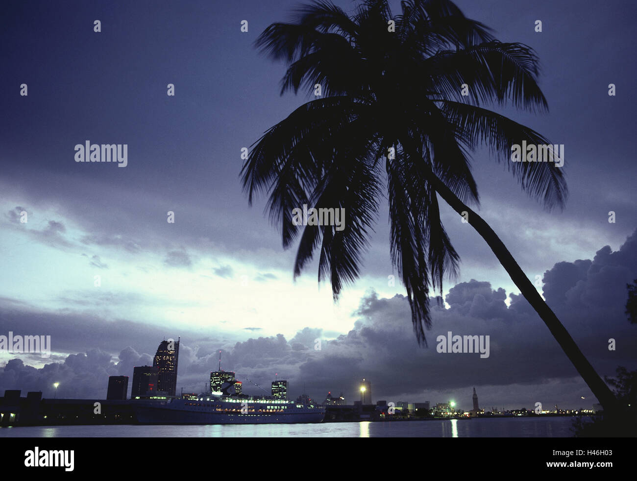 USA, Florida, Miami, skyline, evening mood, palm, silhouette, clouds, sky, shine, high rises, town, water, darkly, Stock Photo