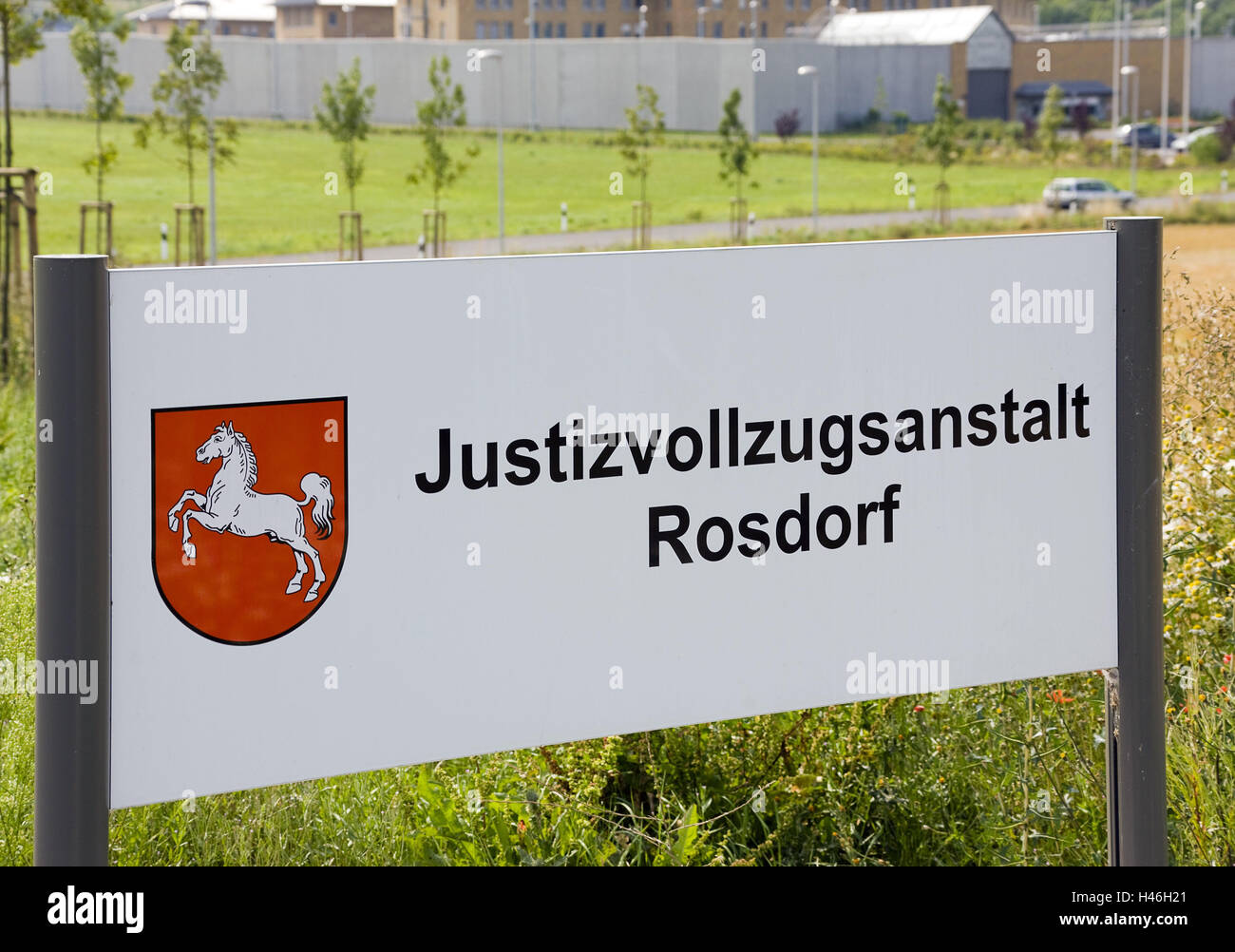 Germany, Lower Saxony, prison village Ros, sign, Europe, custody institution, prison, prison sentence, execution of a sentence, punishment, custody, fence, Umzäunung, locked up, sign, notice board, conviction, execution, law, right, judicature, justice, outside, deserted, Stock Photo