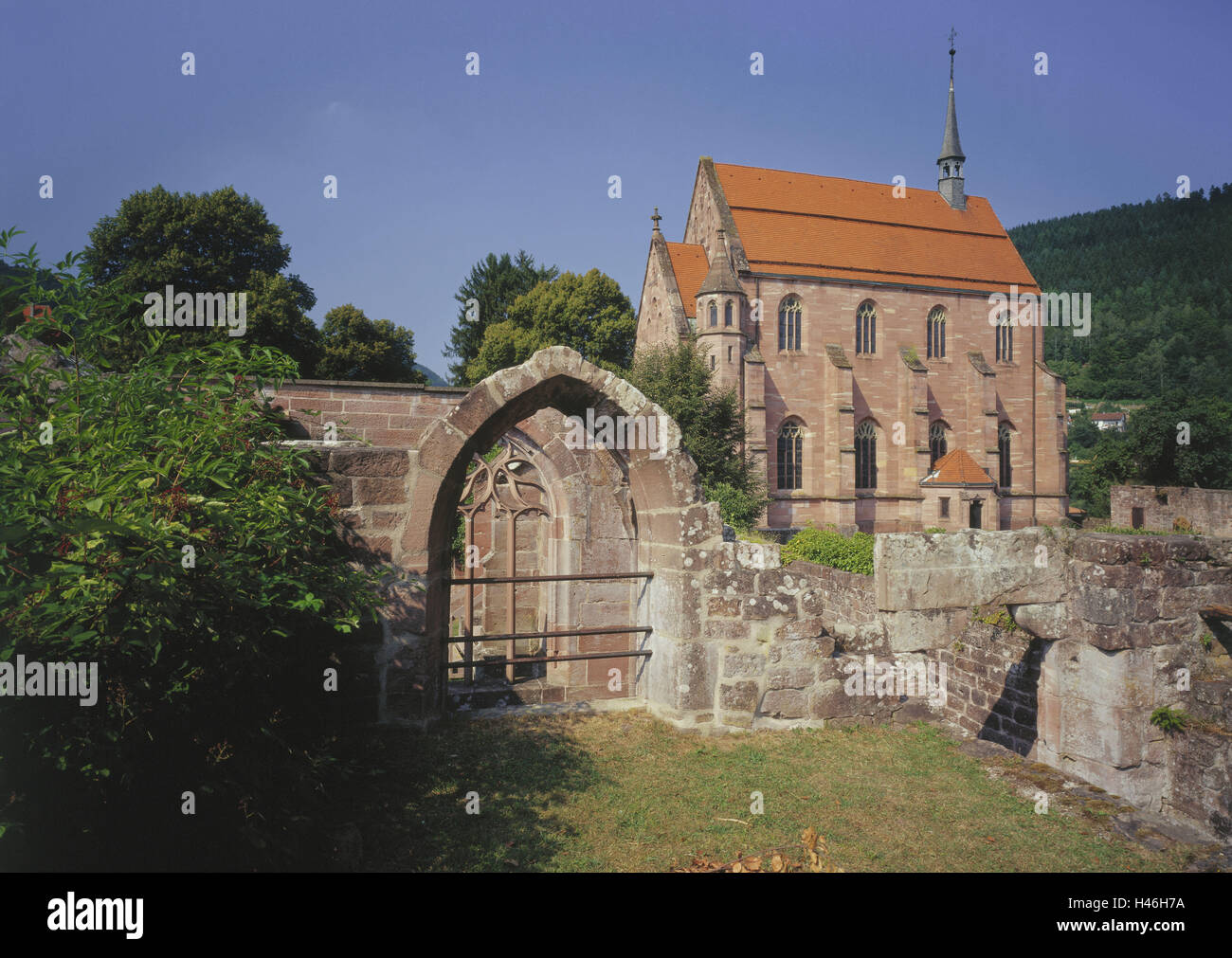 Germany, Baden-Wurttemberg, Calw, Hirsau, St. Aurelius church, ruin, Black Forest, north Black Forest, church, structure, architecture, Christianity, faith, religion, church, sacred construction, place of interest, remains, defensive walls, outside, deserted, sunny, Stock Photo