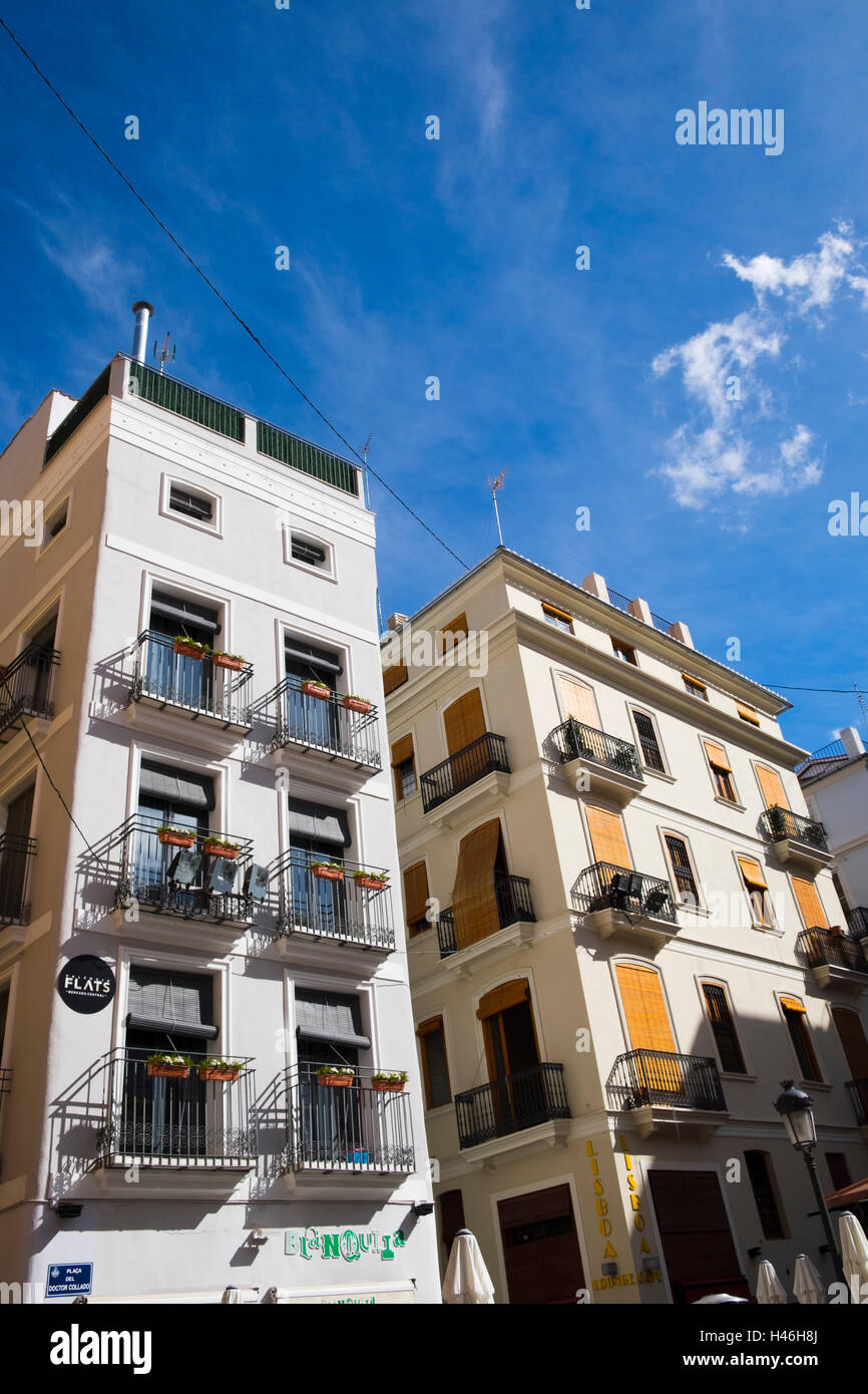Sun on typical city buildings in Valencia Spain Stock Photo