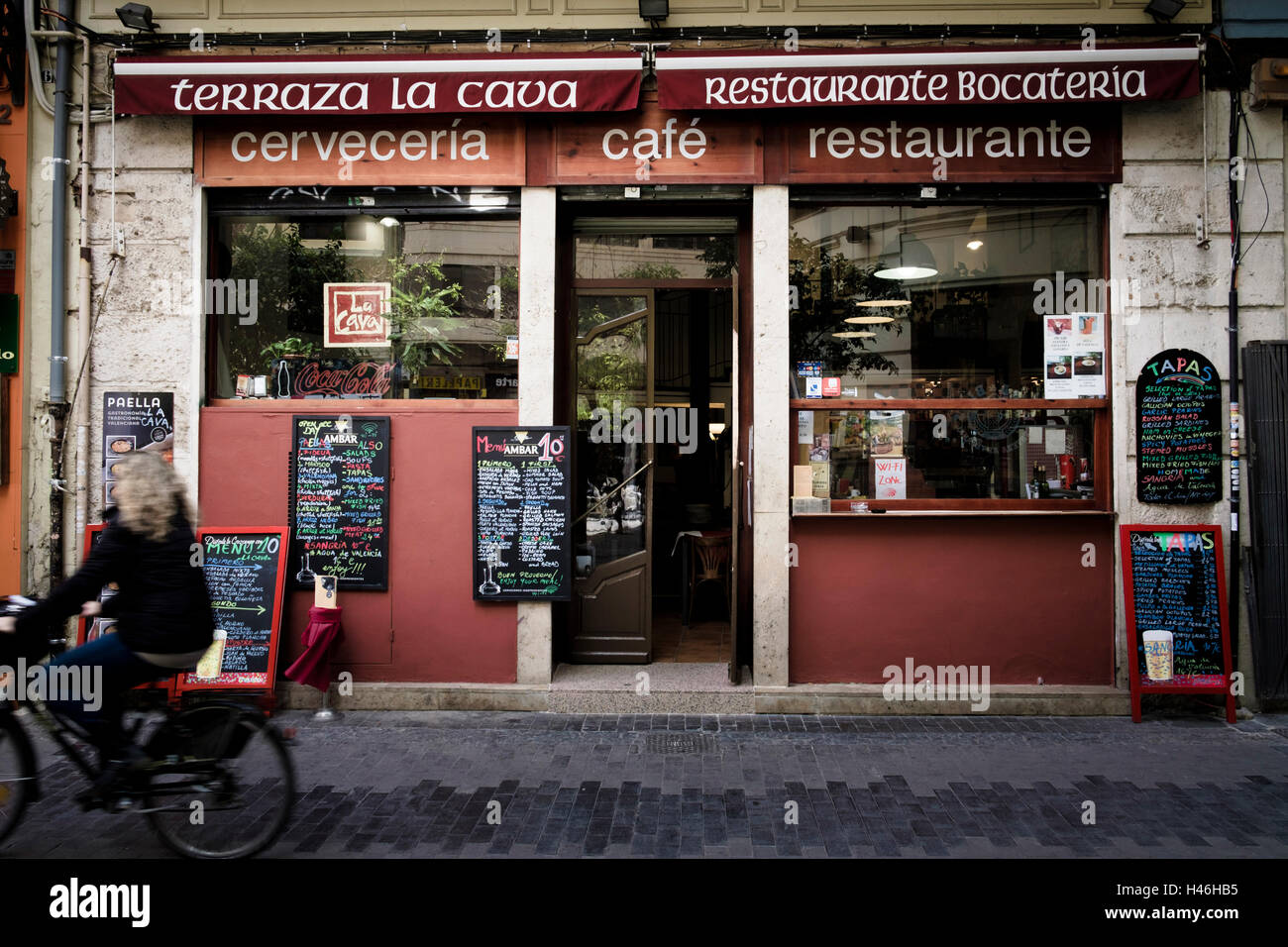Exterior of a typical quaint cafe restaurant in Valencia Spain Stock Photo